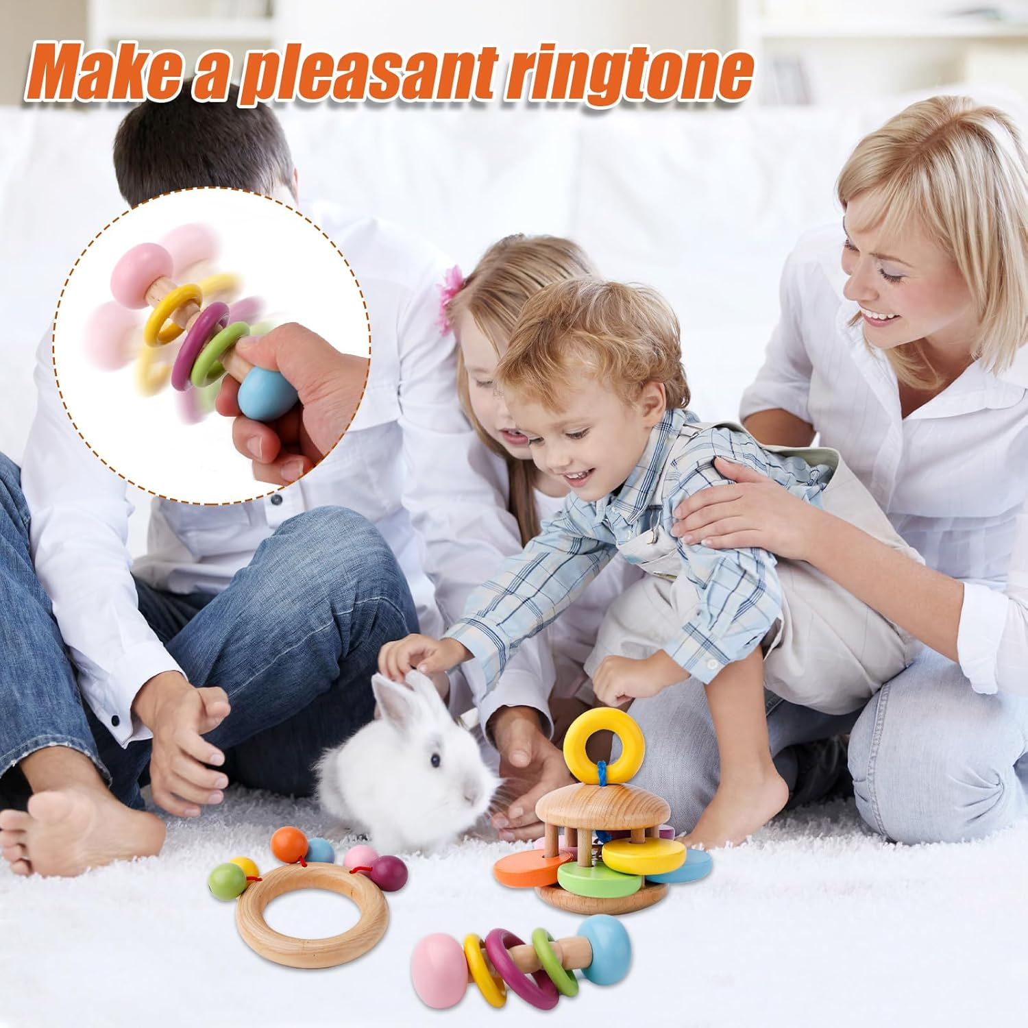 Gosknor 4 X Wooden Rabbit Toys, 4 Styles Wooden Chew Toys, Teething Rattle for Guinea Pigs Wooden Rattles for Small Animals image number 2