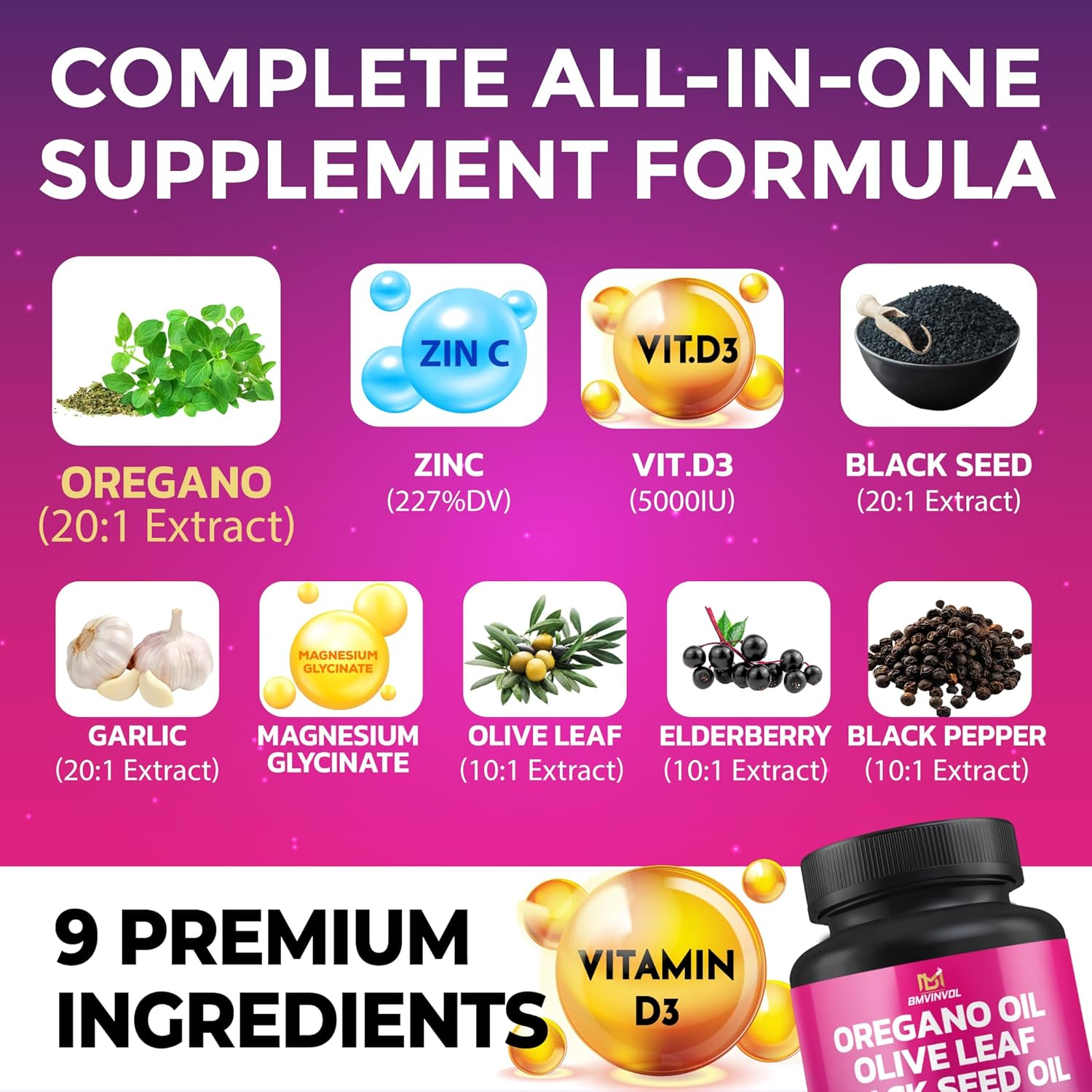 BMVINVOL Oregano 12000Mg Garlic 2000Mg Olive Leaf 500Mg Black Seed 2000Mg + 5 More - Immune Support & Digestive Health Supplement for Women and Men - 100 Capsules image number 5