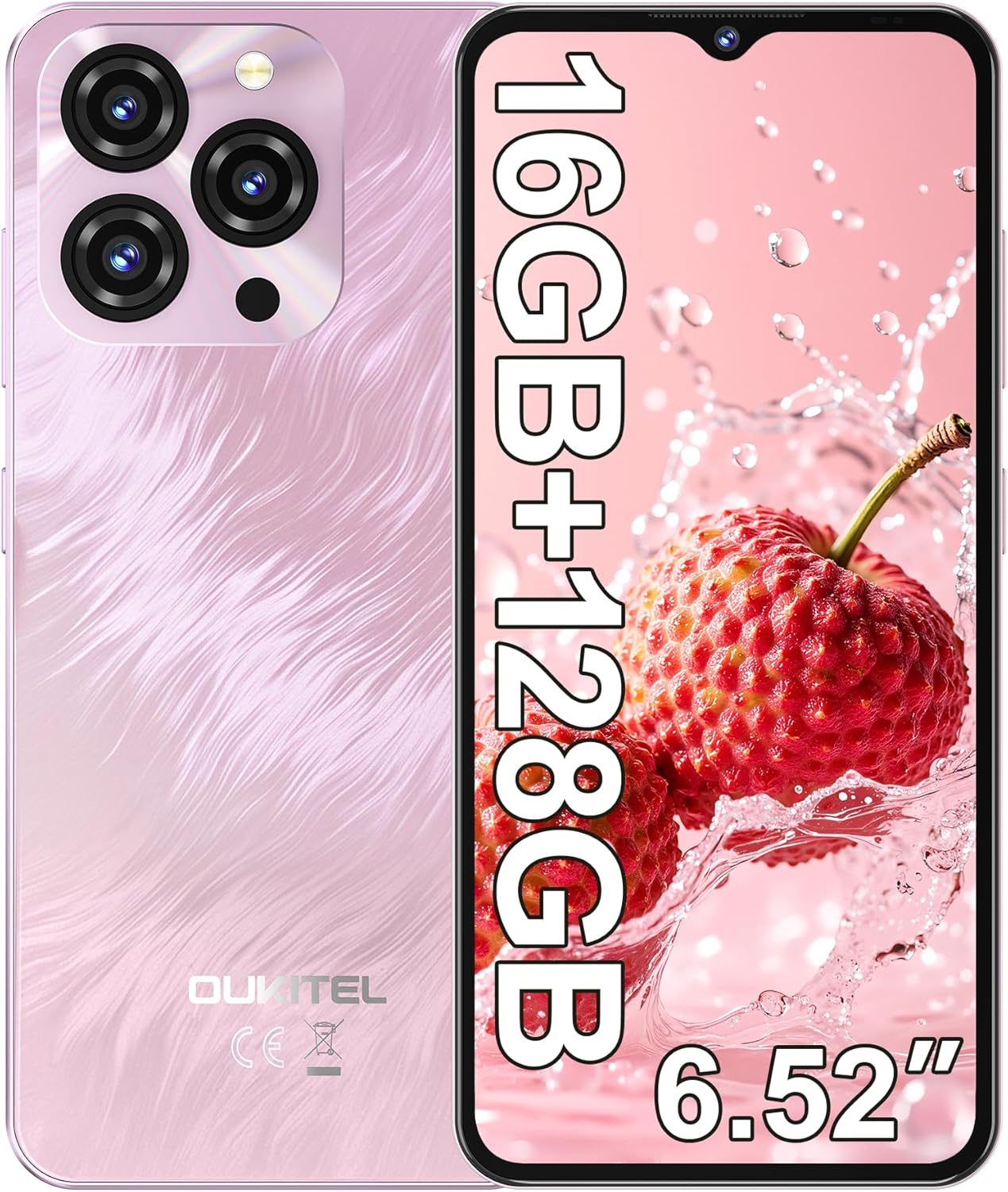 OUKITEL C3 Cell Phone Unlocked 2025-16GB RAM+128GB/TF 1TB ROM Smartphone, 5000Mah Battery, 6.52'' Waterdrop Screen, 13MP+5MP Camera, 4G Dual SIM Android Phone, Face Id/3.5Mm Jack/Gps/Bt5.0, Pink image number 6