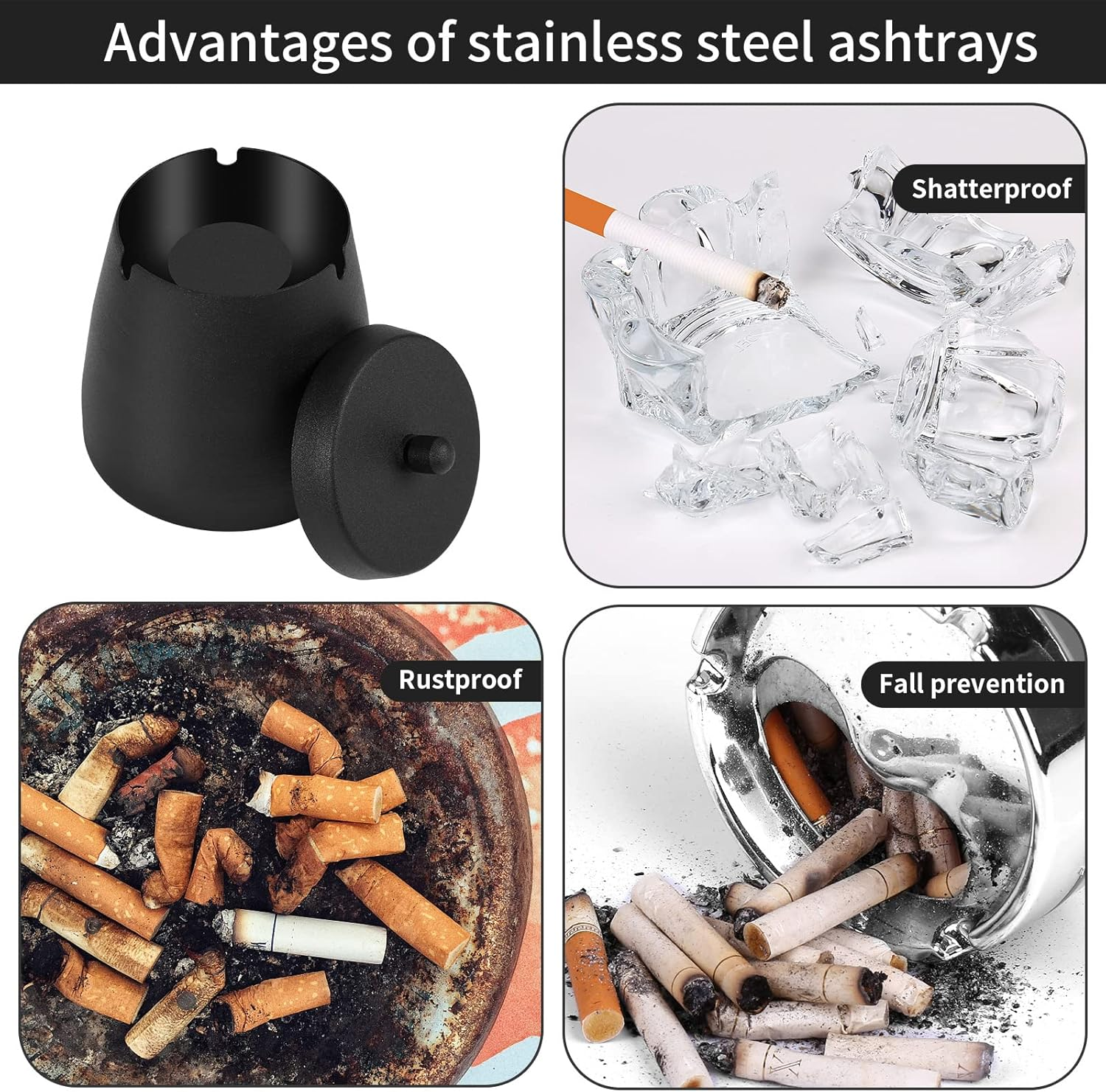 Outdoor Ashtrays for Patio with Lid, Ash Trays with Covers, Ashtray Odorless, Ash Tray Sets for Cigarettes, outside Covered Stainless Steel Iron Windproof Tabletop image number 1