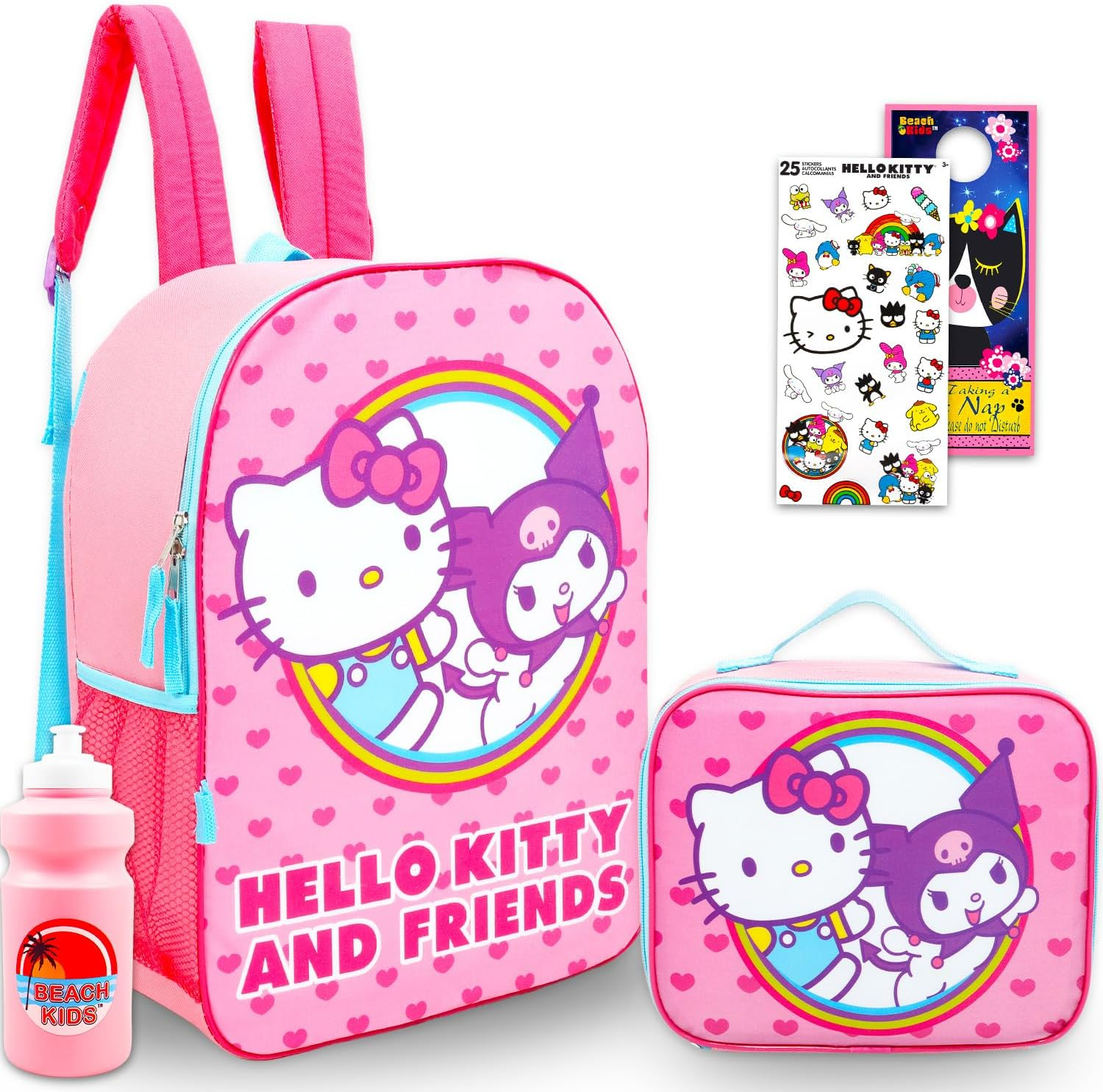 Hello Kitty and Friends Backpack and Lunch Bag - Bundle with 16&rdquo; Sanrio Backpack Featuring Kuromi plus Lunch Box, Water Bottle, Stickers, More | Hello Kitty and Friends School Bag Set image number 1