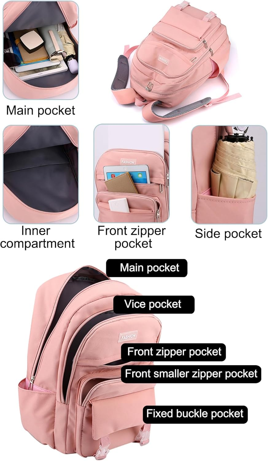 Sellerfun Girls Junior Middle School Backpack Solid Color Casual Daypack Laptop Bag Fit for School Travel Leisure Time image number 6