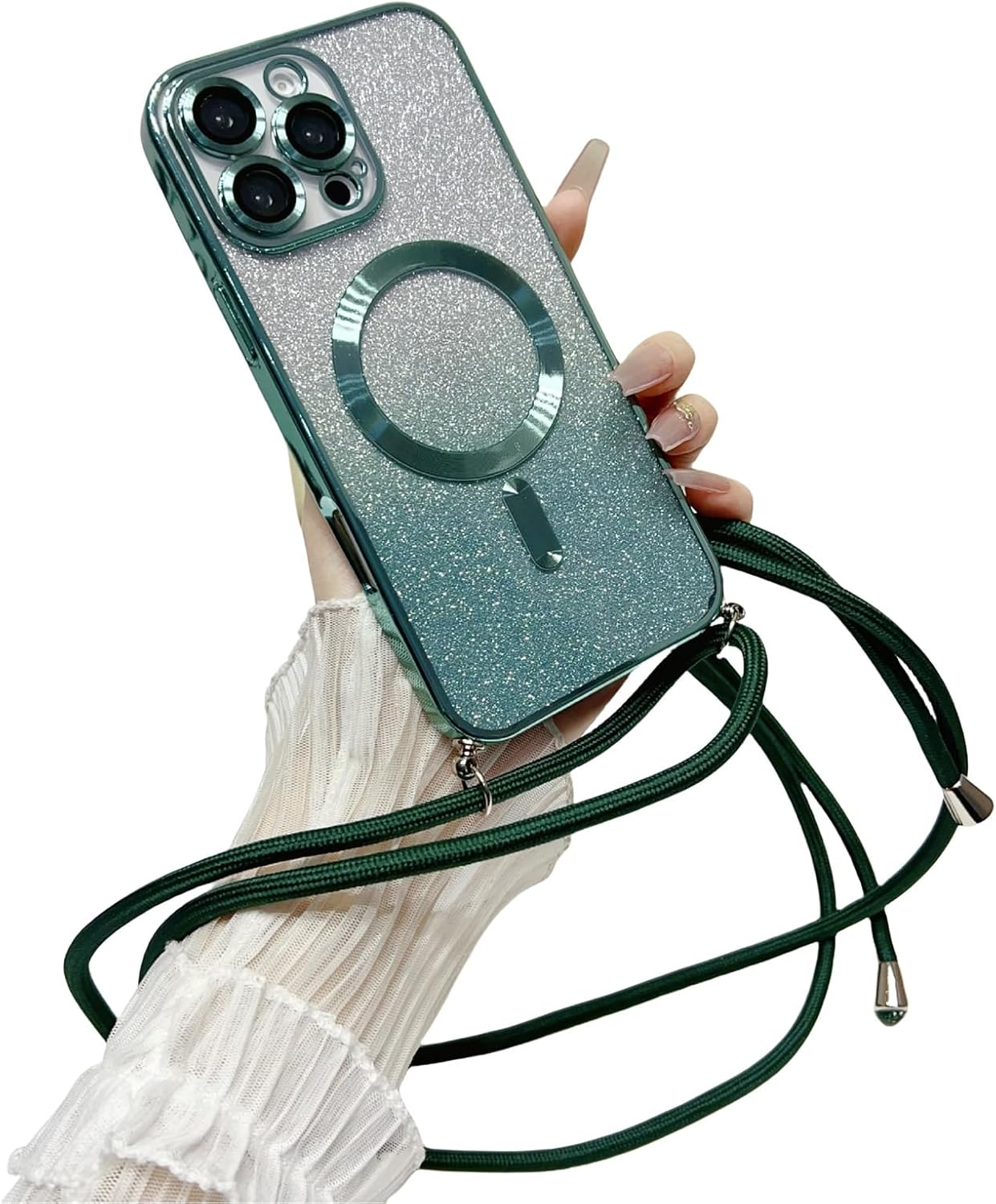 Emlivi Magnetic Mobile Phone Chain Case for Iphone 15 Pro Max, Magnetic Necklace Mobile Phone Case, Glitter, Transparent TPU Case with Cord, Adjustable Lanyard, Protective Case for Iphone 15 Pro Max image number 5