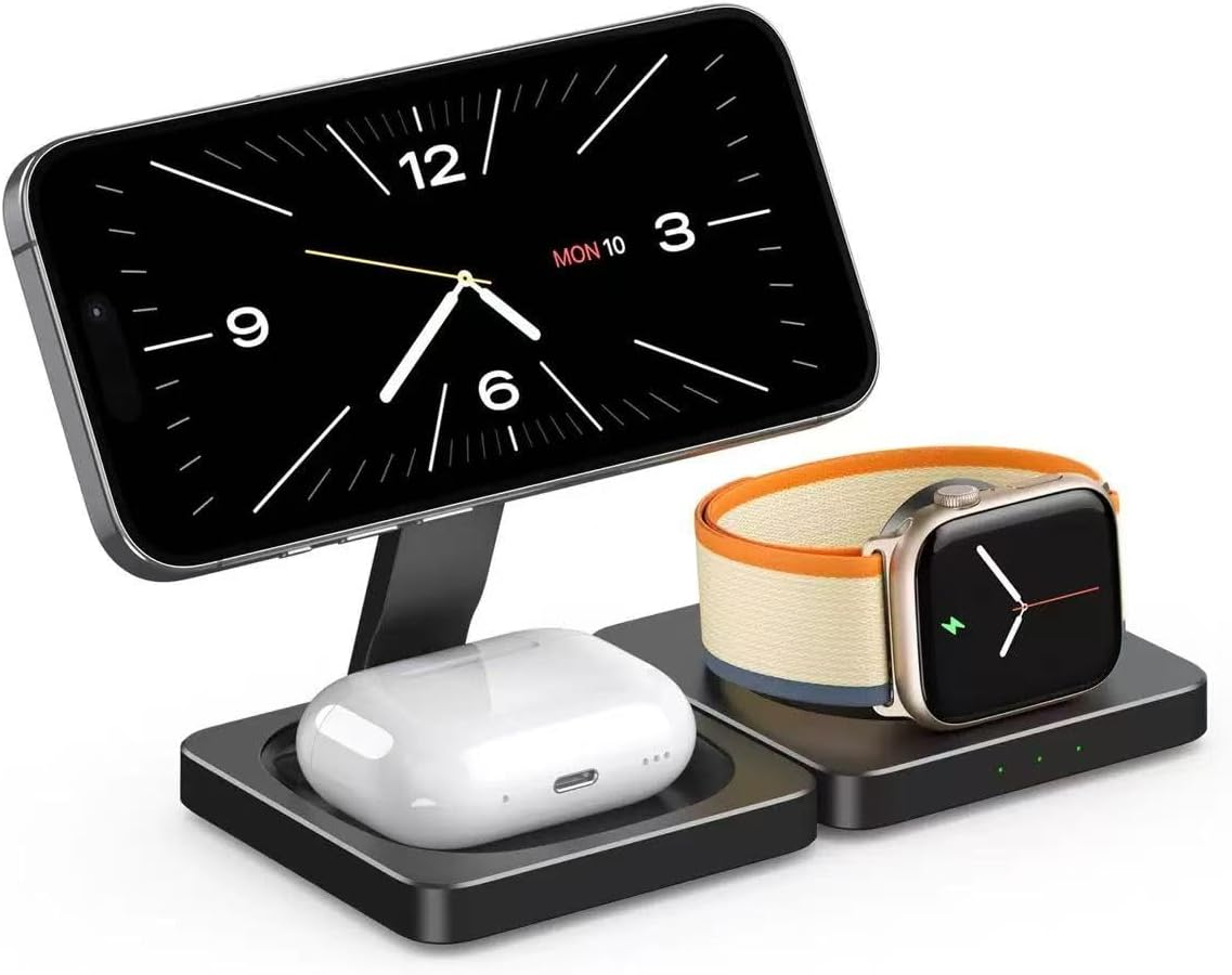 Foldable 3 in 1 Wireless Charging Station for Apple Compatible with Magsafe Charger Stand,Magnetic Wireless Charger Station for Iphone 16 15 14 13 12 Series,Airpods Pro,Apple Watch(Black) image number 3