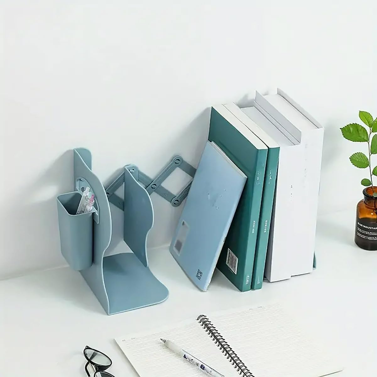 AIMALL Adjustable Desktop Book Stand with Pen Holder, Multi-Functional Expandable Bookshelf, Space-Saving Design, Blue, Pink or White - 17.7"X5.3"X6.9"