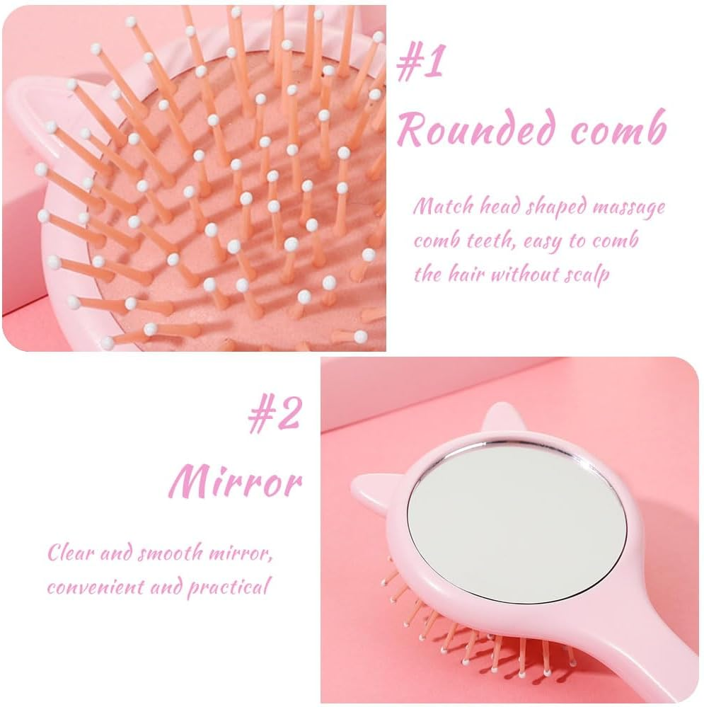 3Pcs Girls Hair Brush & Comb Set - Detangling Brush with Mirror & Wide Tooth Combs for Kids Curly Straight Long Hair, Pink Cat/Strawberry image number 3