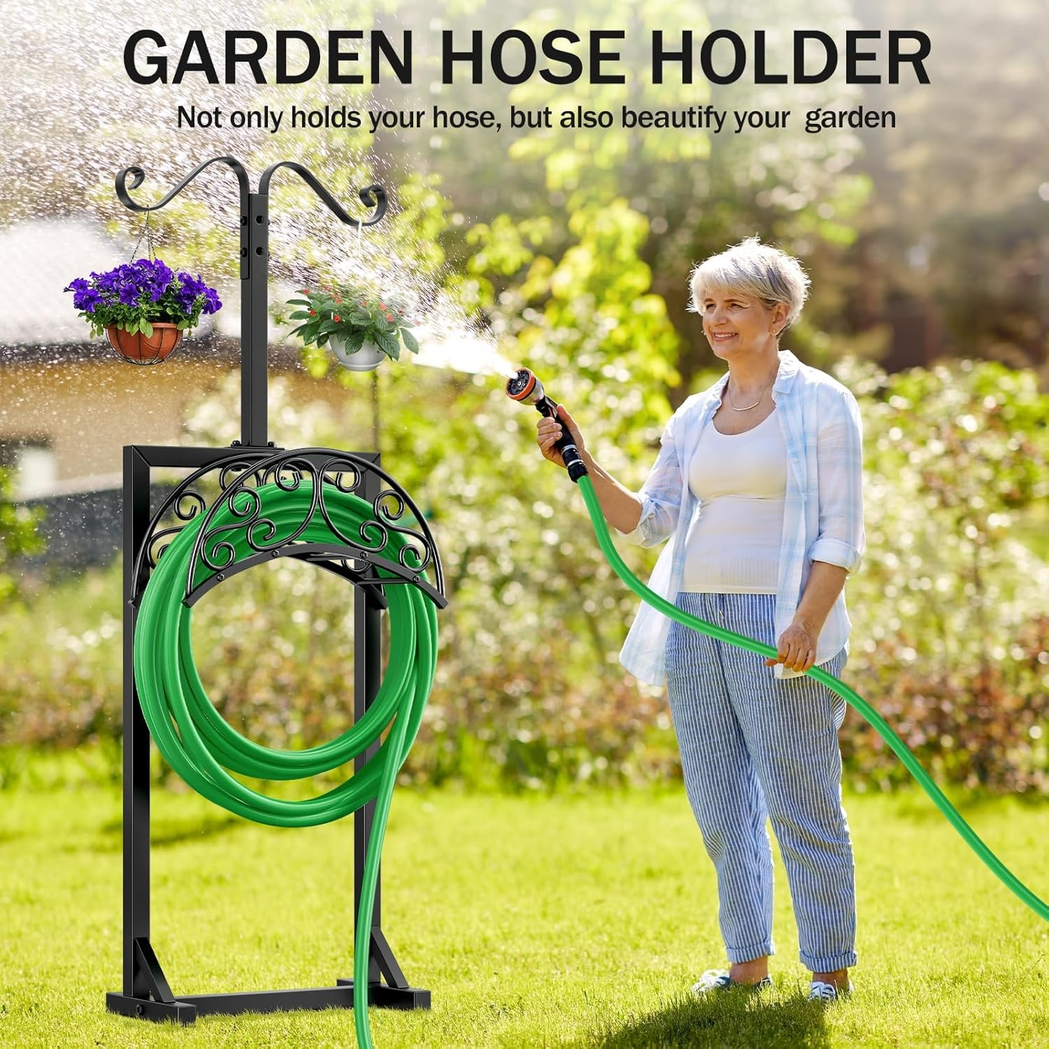 Jvgoo Garden Hose Holder for outside - Upgraded Water Hose Holders with 5 Spikes & 2 Shepherds Hooks, Freestanding Garden Hose Stand Heavy Duty Hose Hanger Hose Storage Hose Reel Rack for Yard Lawn - Antique Bronze image number 4