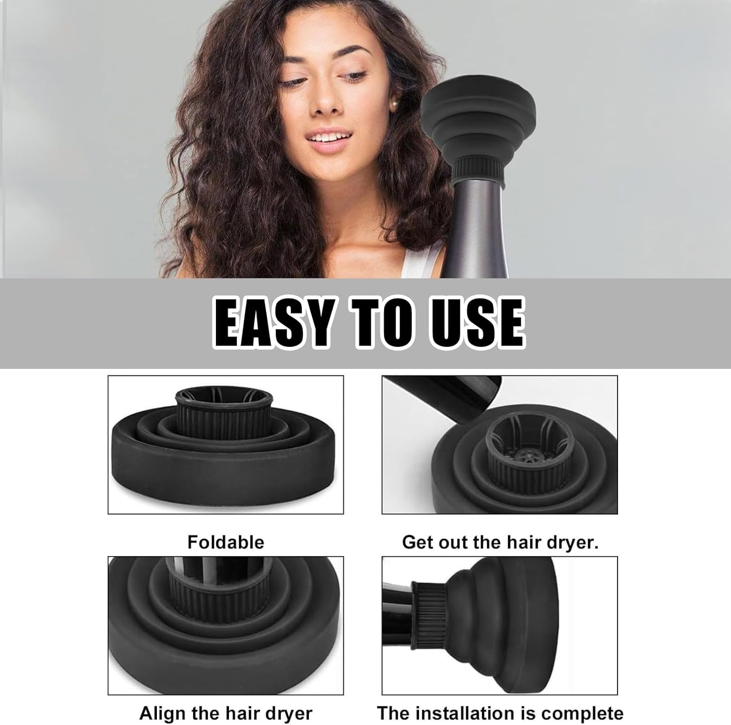 Diffuser Hair Universal, Diffuser Attachment Hair Dryer, Foldable, Portable, for Curly or Wavy Hair Styling (Black) image number 4