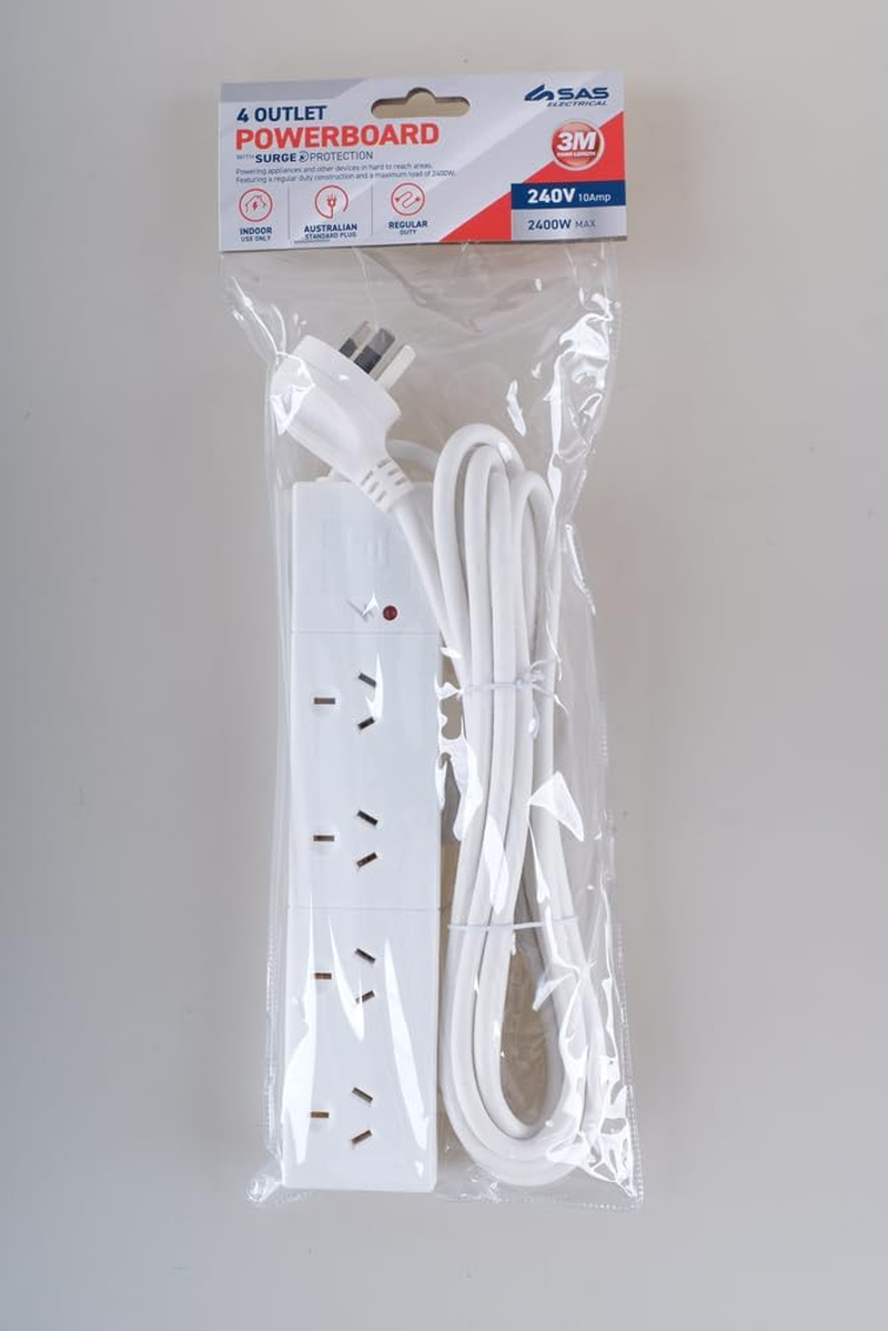 SAS Electrical 240V 10Amp 4 Outlets Power Board with Surge Protection, White, 3 Meter image number 5
