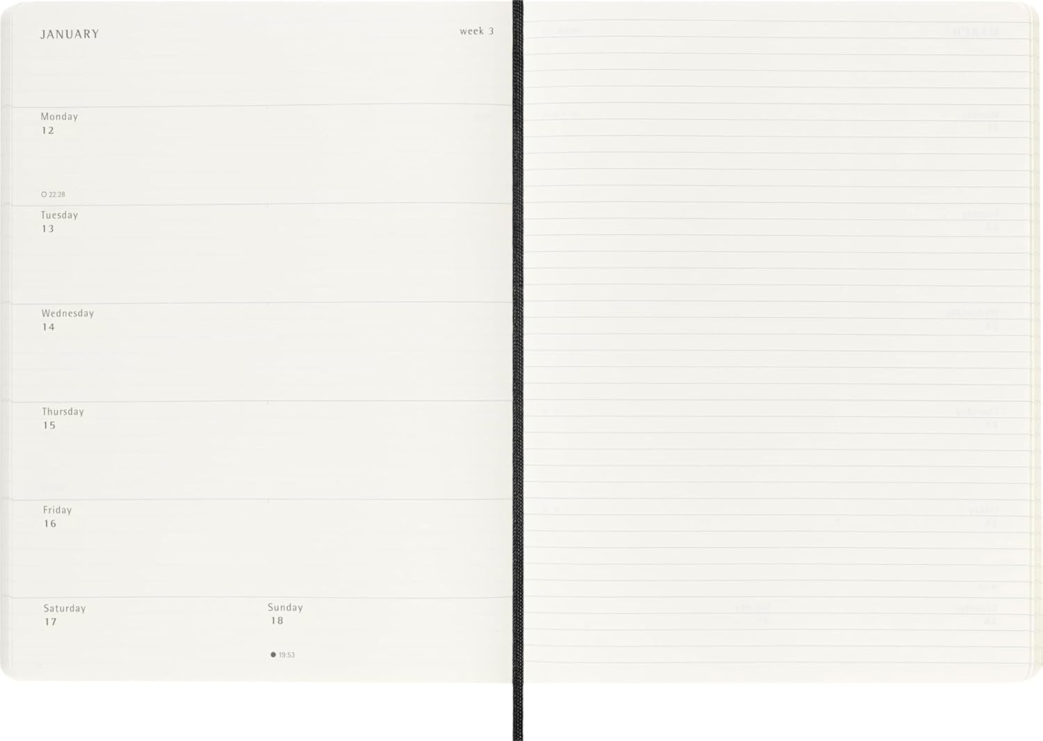 Moleskine 18 Monate Wochenkalender 2025/2026, XL, 1 Wo = 1 Seite, Rechts Linierte Seite, Weicher Einband, Schwarz image number 7