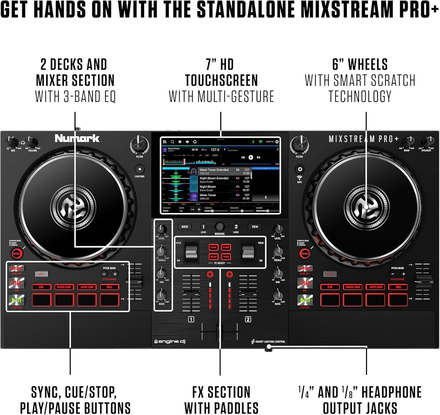 Numark Mixstream Pro+ DJ Controller with Stem Separation, 2 Decks, Wi-Fi Streaming, Mixer, 7" Touchscreen, Speakers, Works with Serato and Virtual DJ image number 2