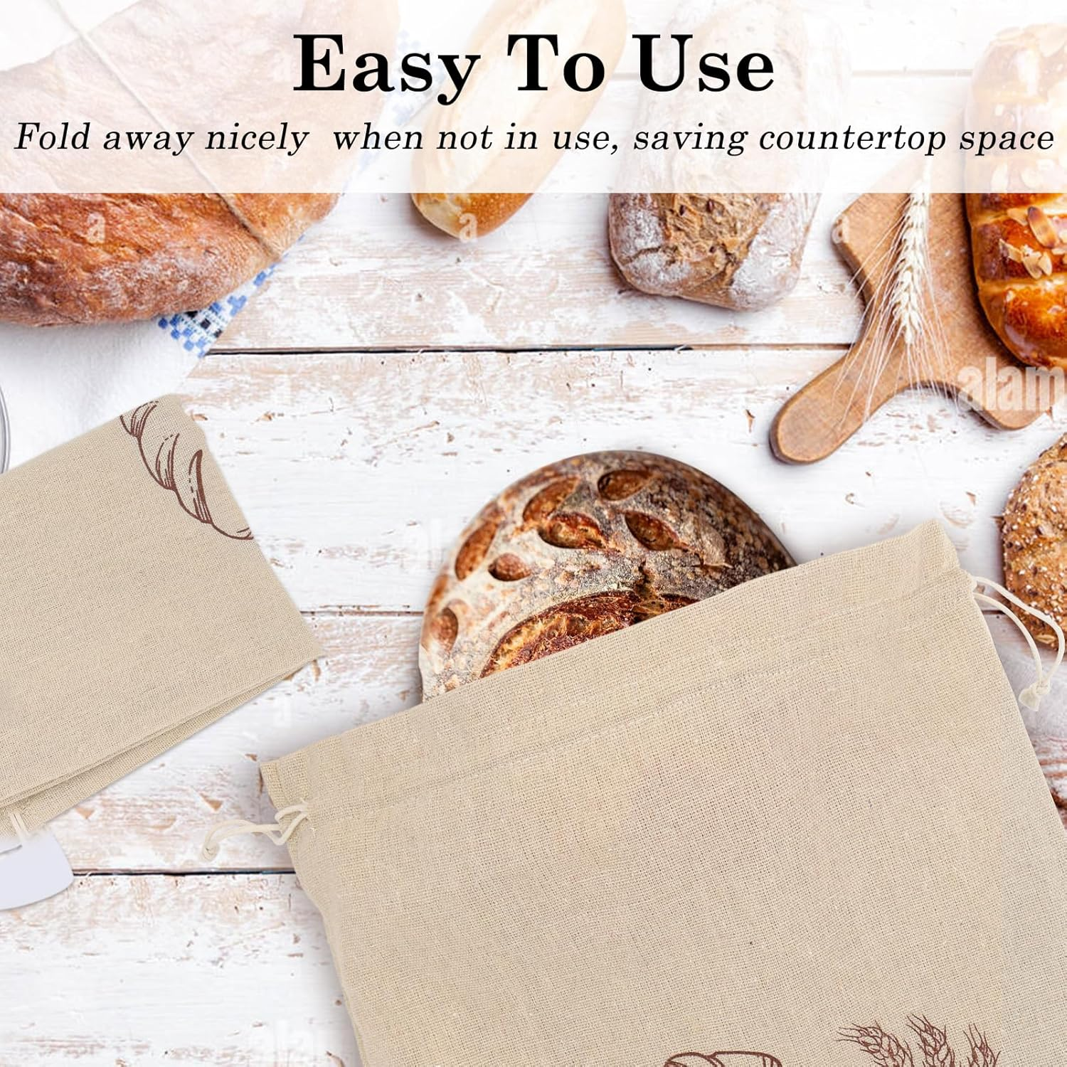 QUYANGCHIFENG 2Pcs Linen Bread Bags for Homemade Bread - Reusable Sourdough Bread Storage with Plastic Inner Lining, Durable Bread Keeper for Fresh Bread, Gifts for Home Bakers - 12"X15" image number 5