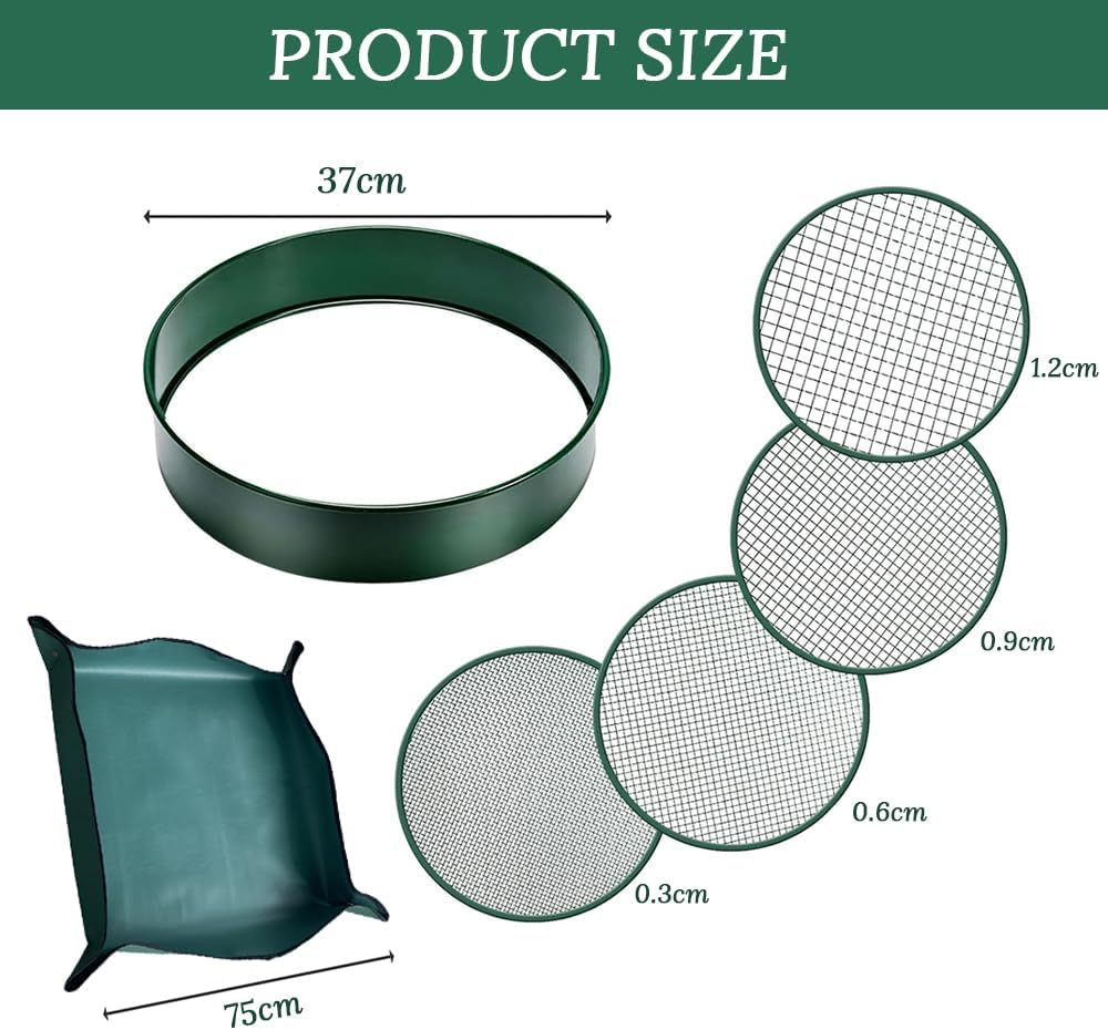 Soil Sieve, Fine Mesh Stainless Steel Soil Sieve, Garden Sieve, Gardening Tools Compost Sieve, Comes with 4 Interchangeable Strainer Sizes 3, 6, 9, 12 Mm and Shovel for Soil image number 1