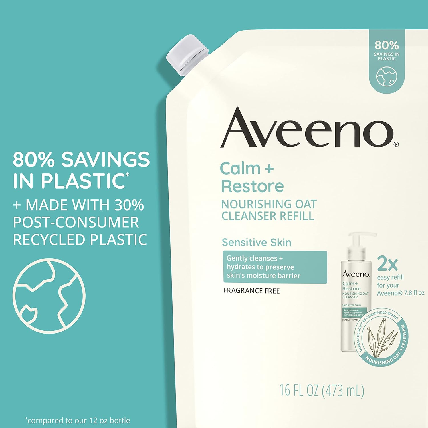 Aveeno Calm + Restore Nourishing Oat Facial Cleanser for Sensitive Skin, Gentle Face Wash with Nourishing Oat & Calming Feverfew, Hypoallergenic, Fragrance-Free, Refill Pouch, 16 Fl. Oz image number 1