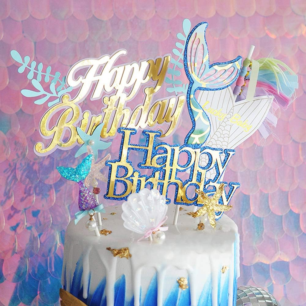 Glitter Mermaid Cake Topper Happy Birthday Picks Decoration for Baby Shower Party Supplies image number 5