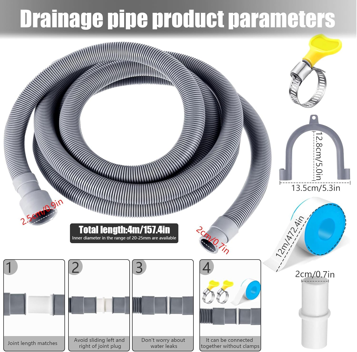 Washing Machine Drain Pipe Kits, 2M/3M/4M Thick Universal Soft Replacement Hoses for Dishwasher Washing Machine, Flexible Extension Pipe Drain Hose Water Pipe (Grey-4M/13Ft) image number 4