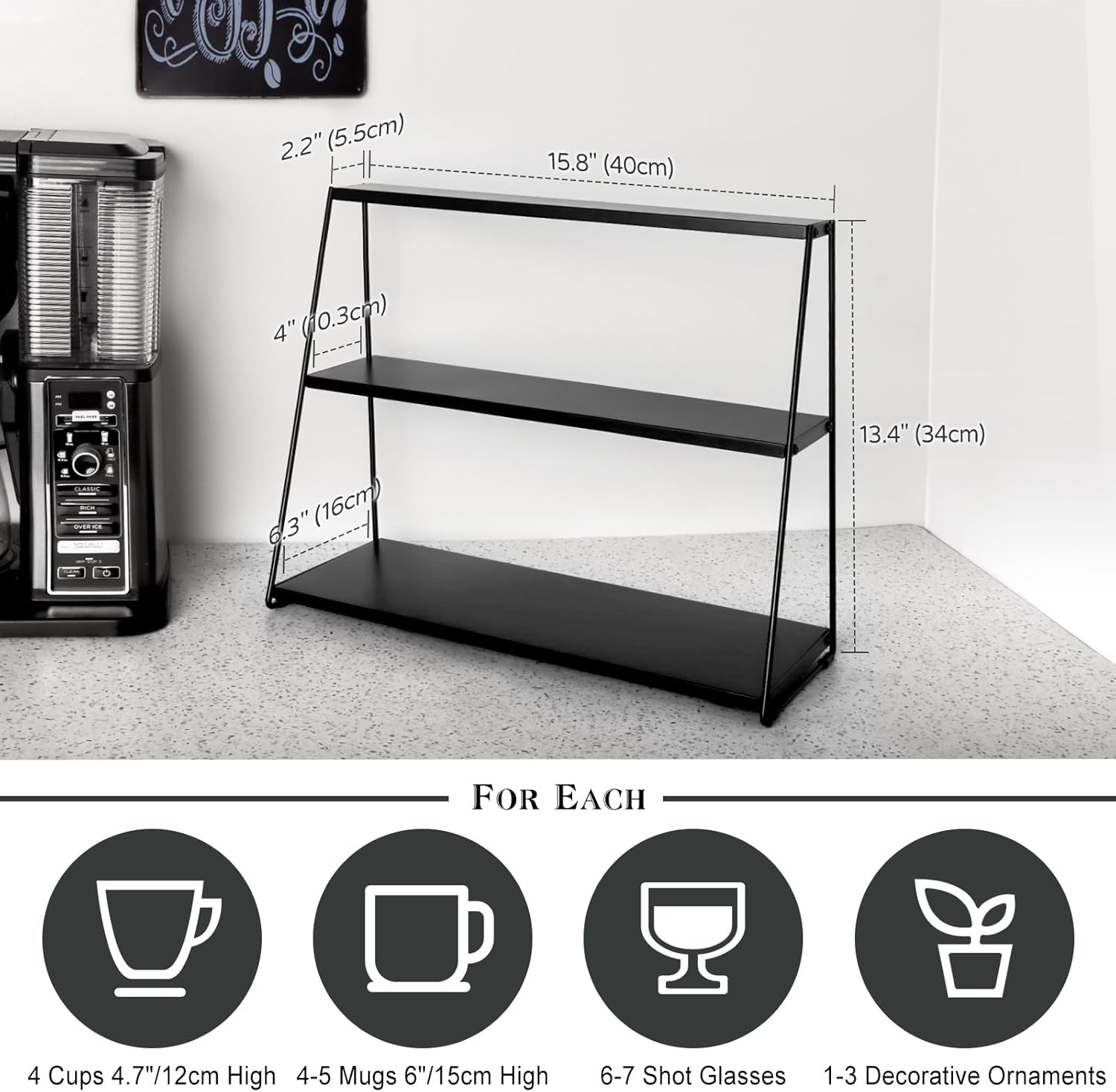 PUERSI Coffee Mug Holder, Mug Display Rack for Countertop, Metal Coffee Cup Holder, 3 Tier Mug Shelf for Coffee Bar, Coffee Station Accessories, Coffee Bar Organizer for Kitchen, Office, Home - Black image number 3