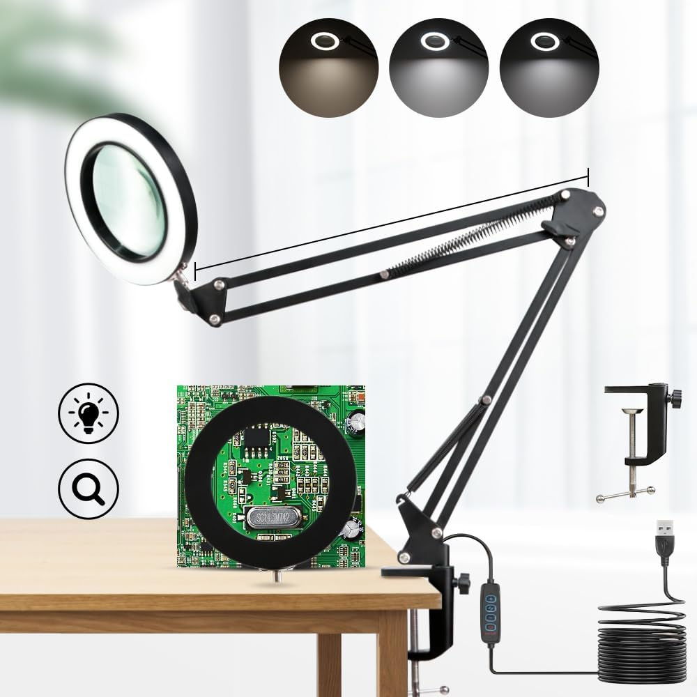 CHENBEN 10X Magnifying Glass with Light Dimmable LED Desk Lamp with Remote Control, LED Desk Craft Light, Magnifying Glasses for Hobbies, Adjustable Clamp Lamp (3 Colors & 10 Brightness) image number 5