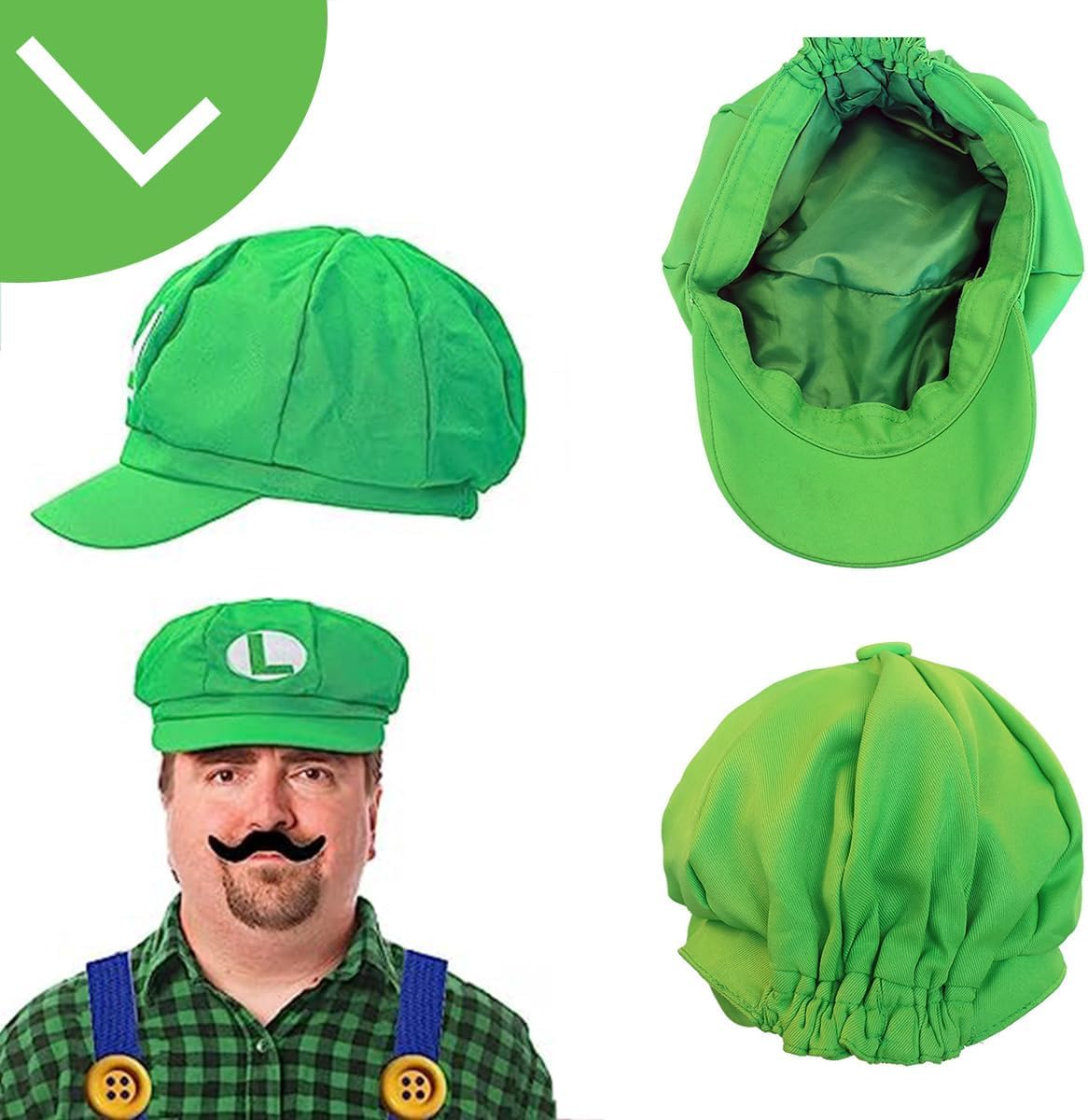 Super Brothers Costume Adult Accessories Set with Cosplay Hat,Gloves,Buttons,Strap,Beard,For Halloween Cosplay - Green image number 3