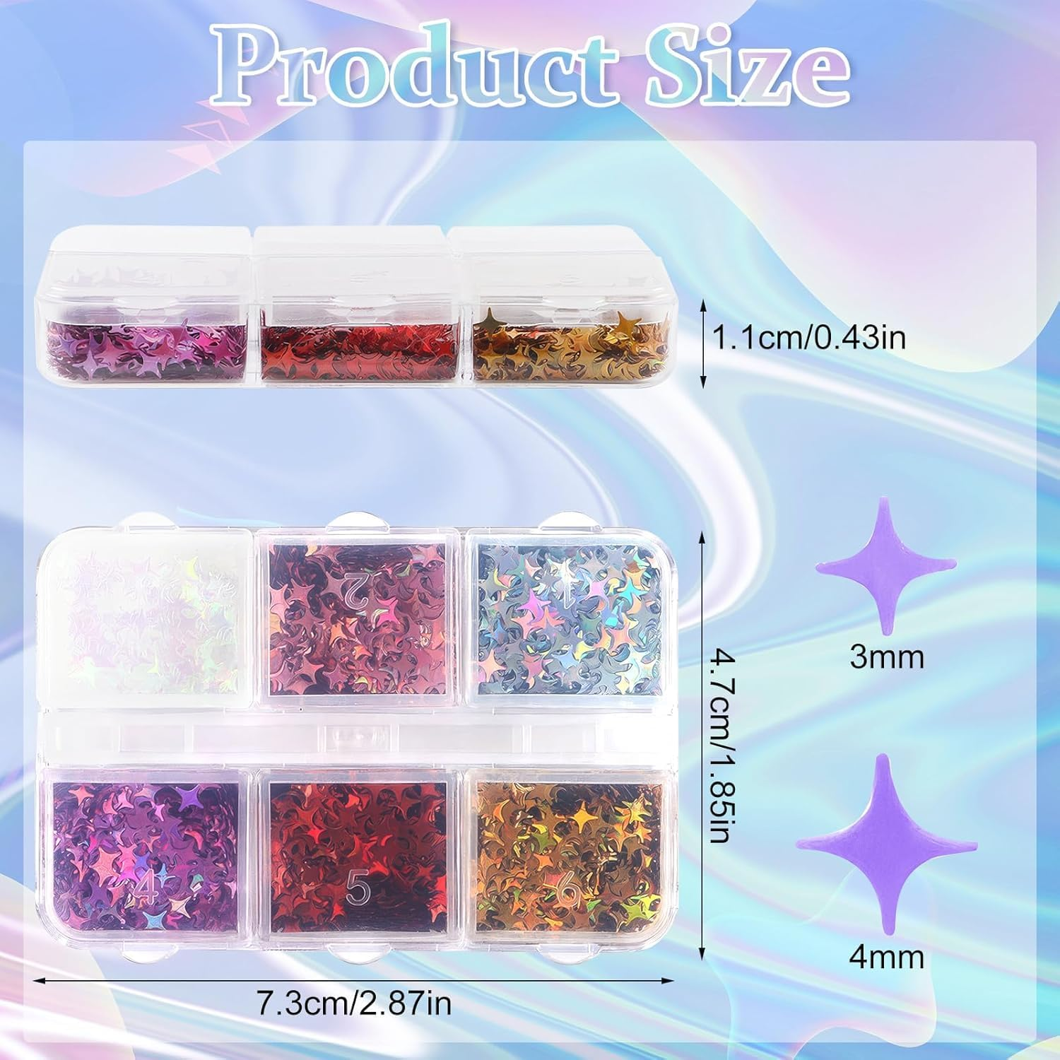 6 Grid Holographic Star Nail Glitter Set,3D Five-Pointed Star Sequins,Flakes for Nail Art, Independence Day Decor, DIY Crafts Holographic Sparkle Nail Decals for Women Girls Manicure Supplies image number 2