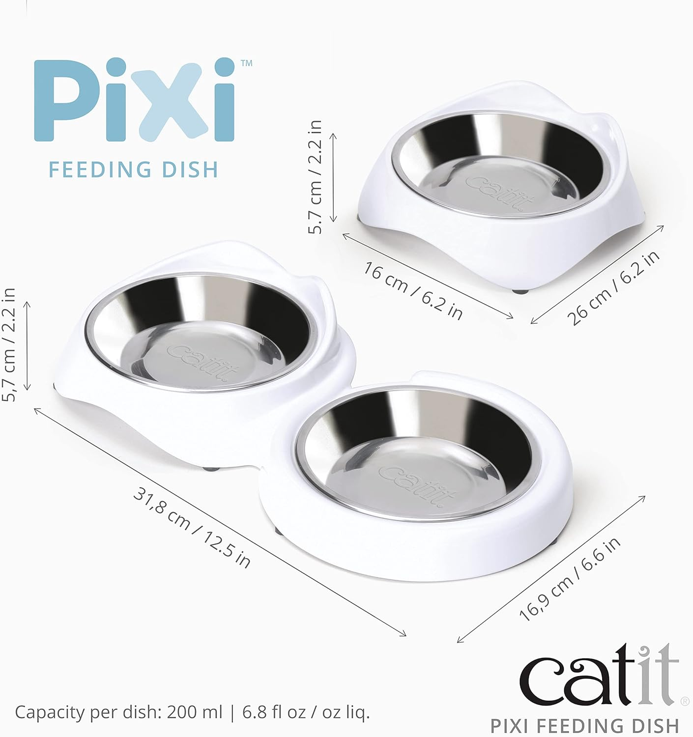 Catit PIXI Double Feeding Dish, Whisker Stress Free Food & Water Cat Bowl,White image number 3