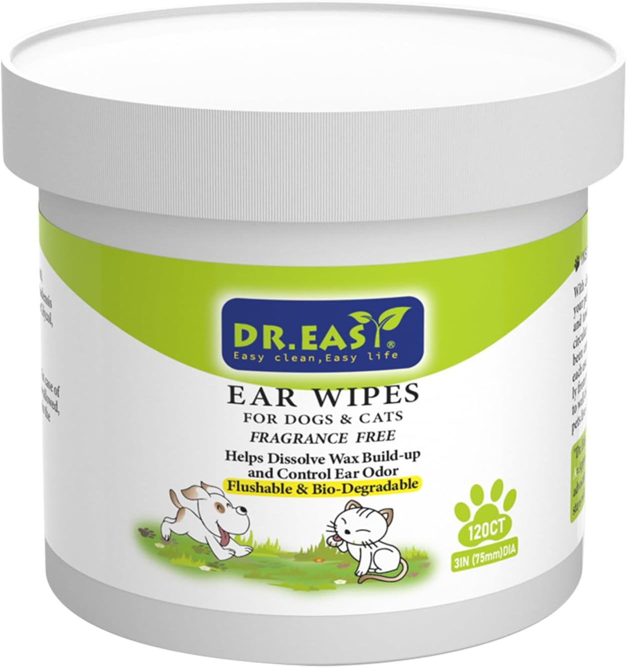Dr.Easy 120Ct Pet Ear Grooming Wipes for Dogs &Cats Fragrance Free，Helps Dissolve Wax Build-Up and Control Ear Odorflushable & Compostable，Stop Ear Itching Natural Cleansing (Pack of 1)