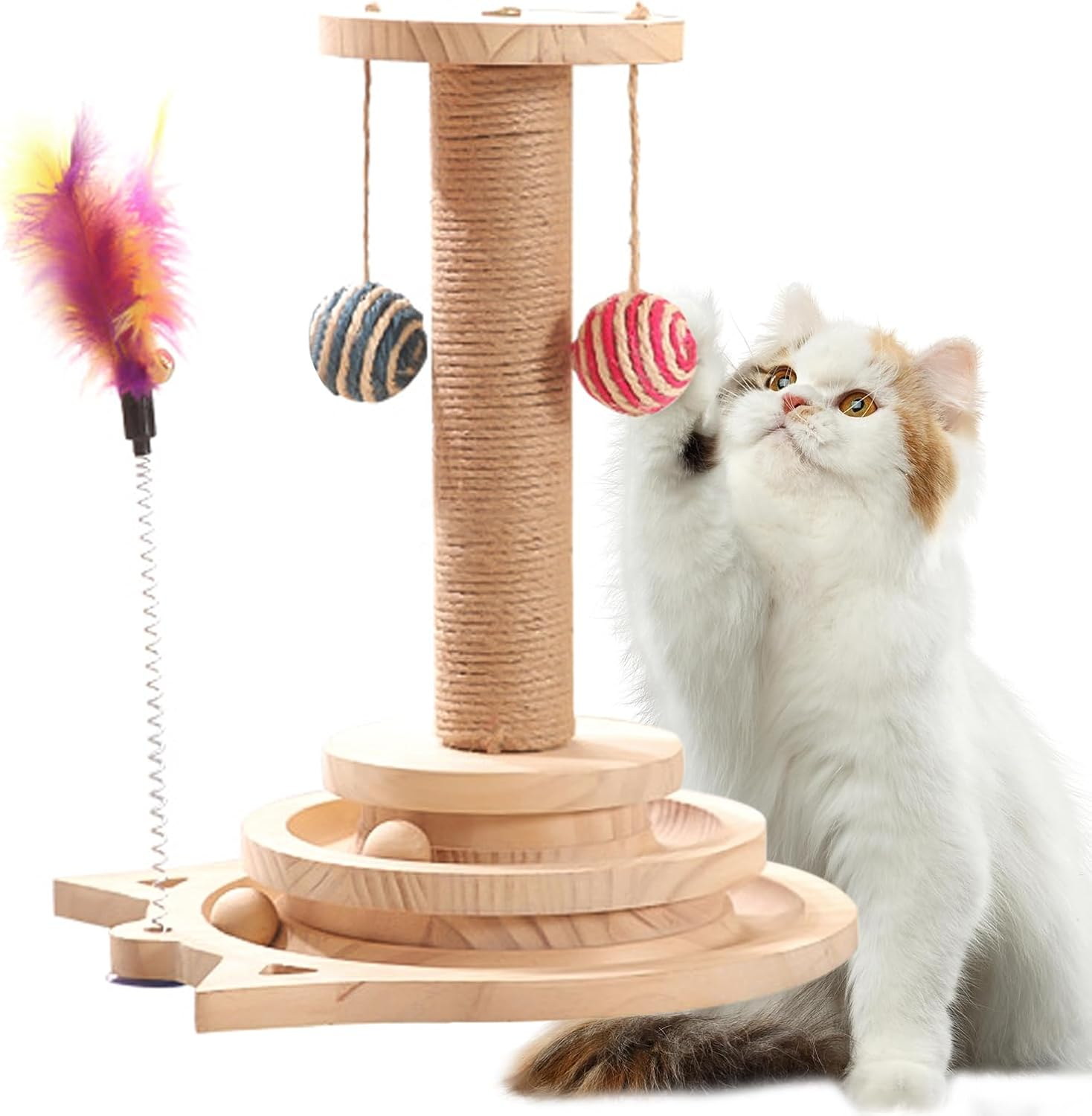 Cat Toy, Wooden Roller Cat Interactive Toy, Rotating Plate, Scratching Post with Hanging Balls & Feather, Interactive Cat Toy for Small Medium Cats to Play image number 5