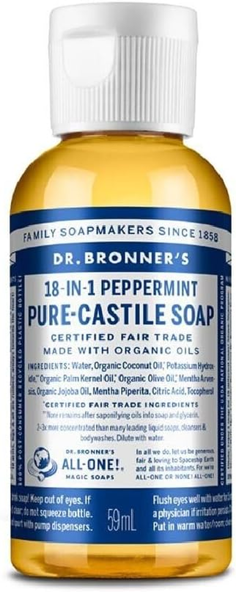 Dr. Bronner'S - Pure-Castile Liquid Soap (Peppermint, Travel Size, 2 Ounce) - Made with Organic Oils, 18-In-1 Uses: Face, Body, Hair, Laundry, Pets and Dishes, Concentrated, Vegan, Non-Gmo