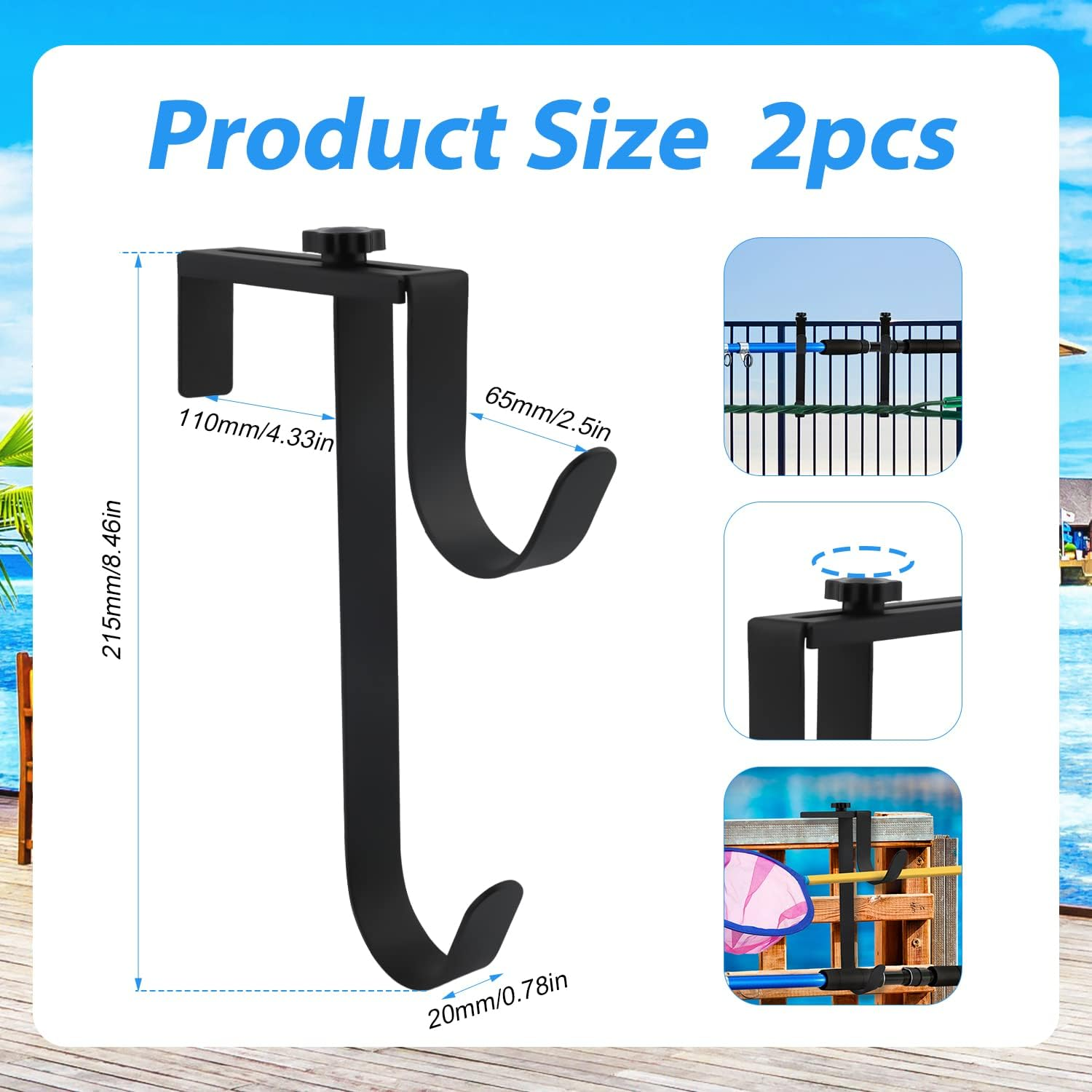 2Pcs Double Hook for Pool Pole, Adjustable Hook for Pool Fence, Double Hook for Hanging Pool Tool Hooks for Pool Fence, Wall (Black) image number 2