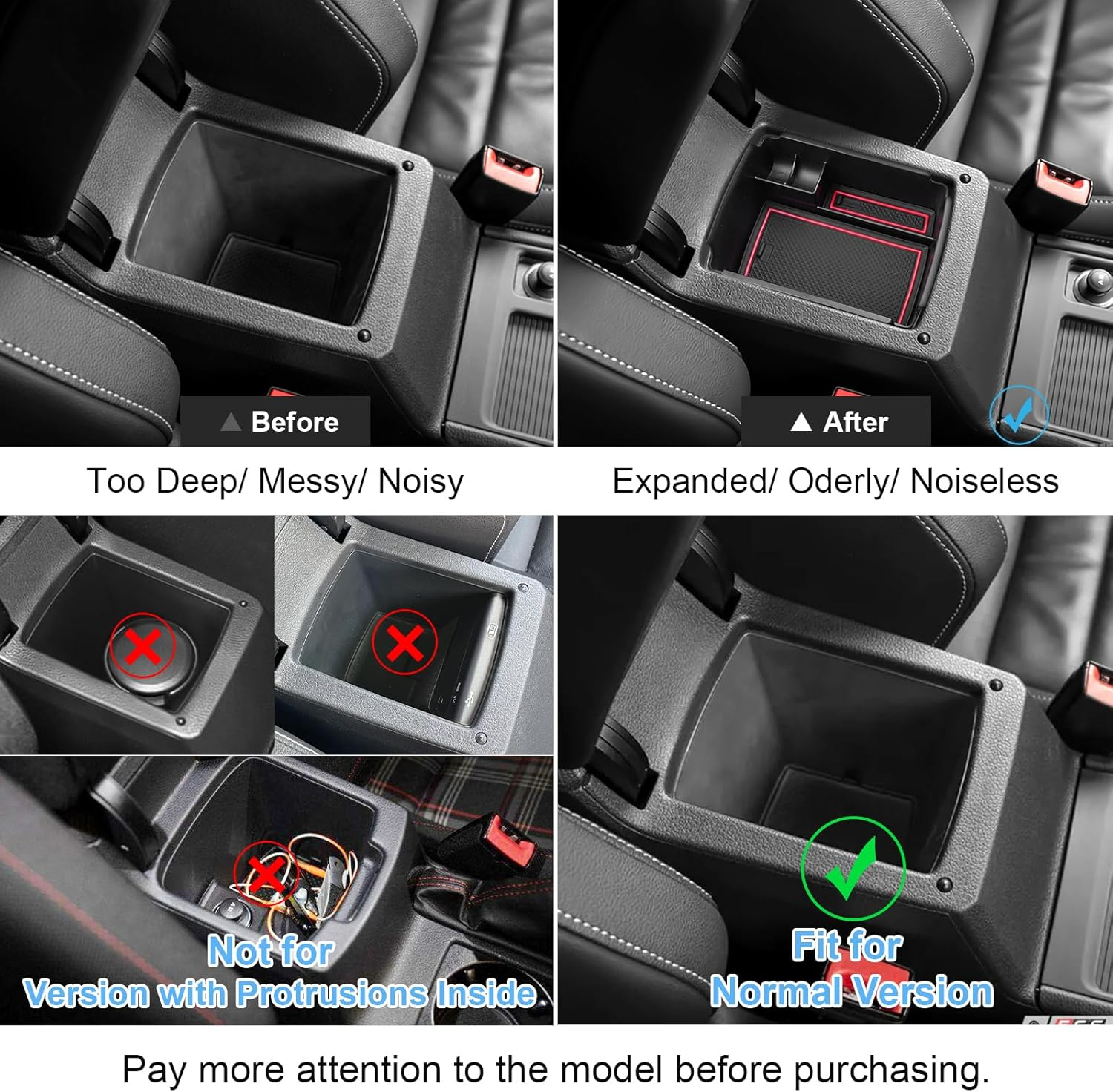 Coleya Centre Console Storage Box Compatible with VW Golf 7 7.5 2013-2019, Golf 7 Accessories Armrest Organiser, Golf 7.5 Centre Armrest Glove Box with Non-Slip Mat (Red) image number 3