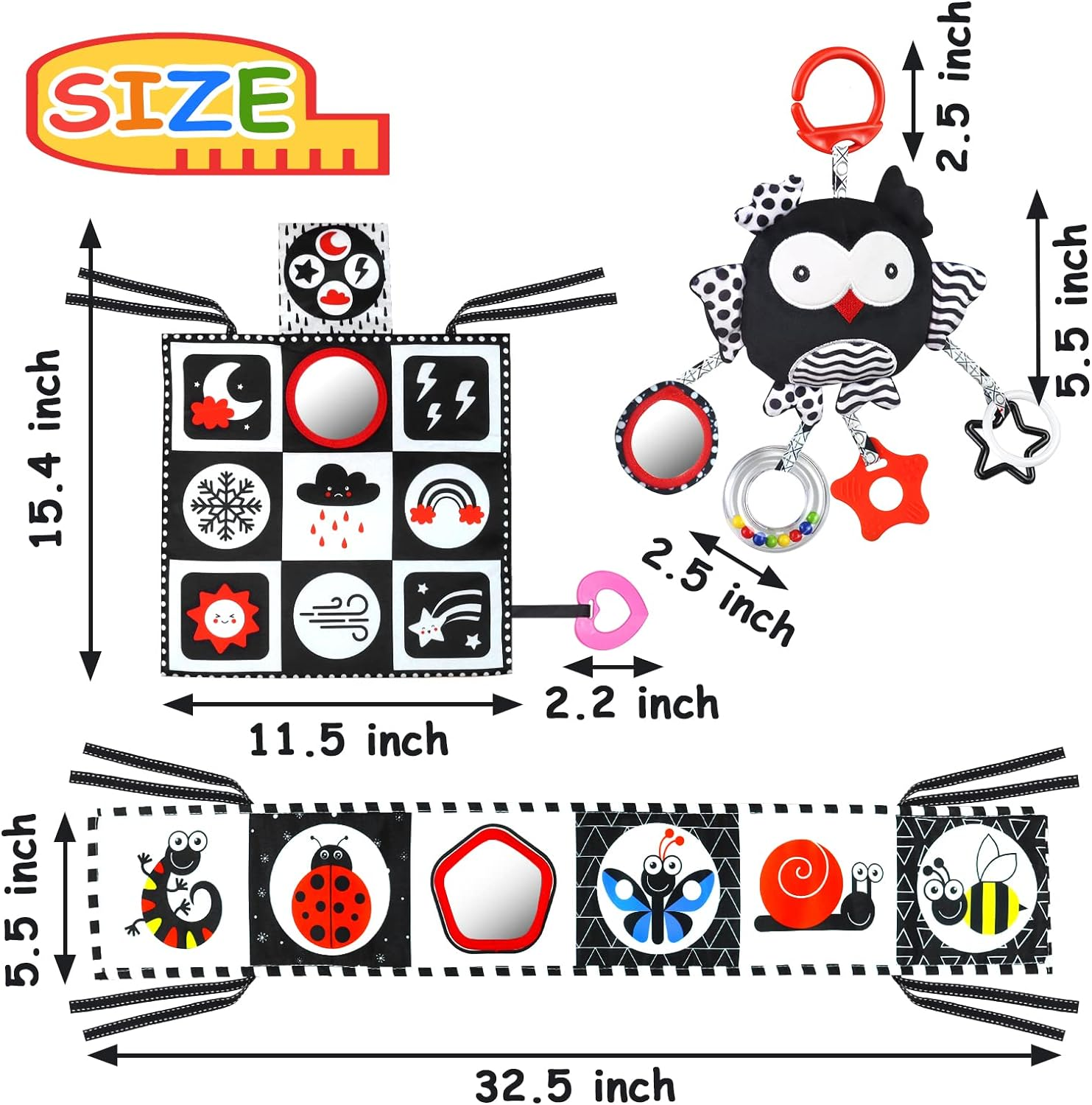 Black and White High Contrast Baby Toys 0-6 Months with Mirror, Crinkle and Rattles, Soft Baby Toys for Brain Development Montessori Sensory Tummy Time Toys Newborn Infant Toys for 0 3 6 9 Months Old image number 1