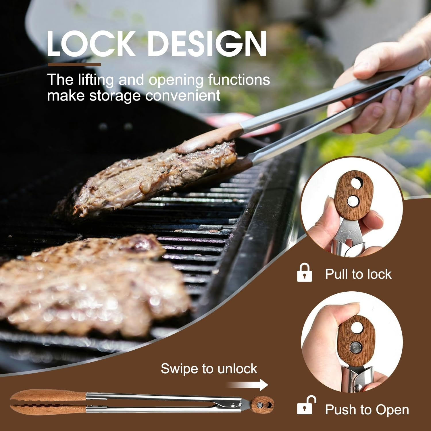 2PCS Wooden Kitchen Tongs (9 &12 Inch), Heat Resistant Nonstick Salad & BBQ Tongs with Wood Tips/Pull Lock/Hanging Hole, Kitchen Cooking Utensils Set for Serving, Grilling, Toaster, Air Fryer image number 2