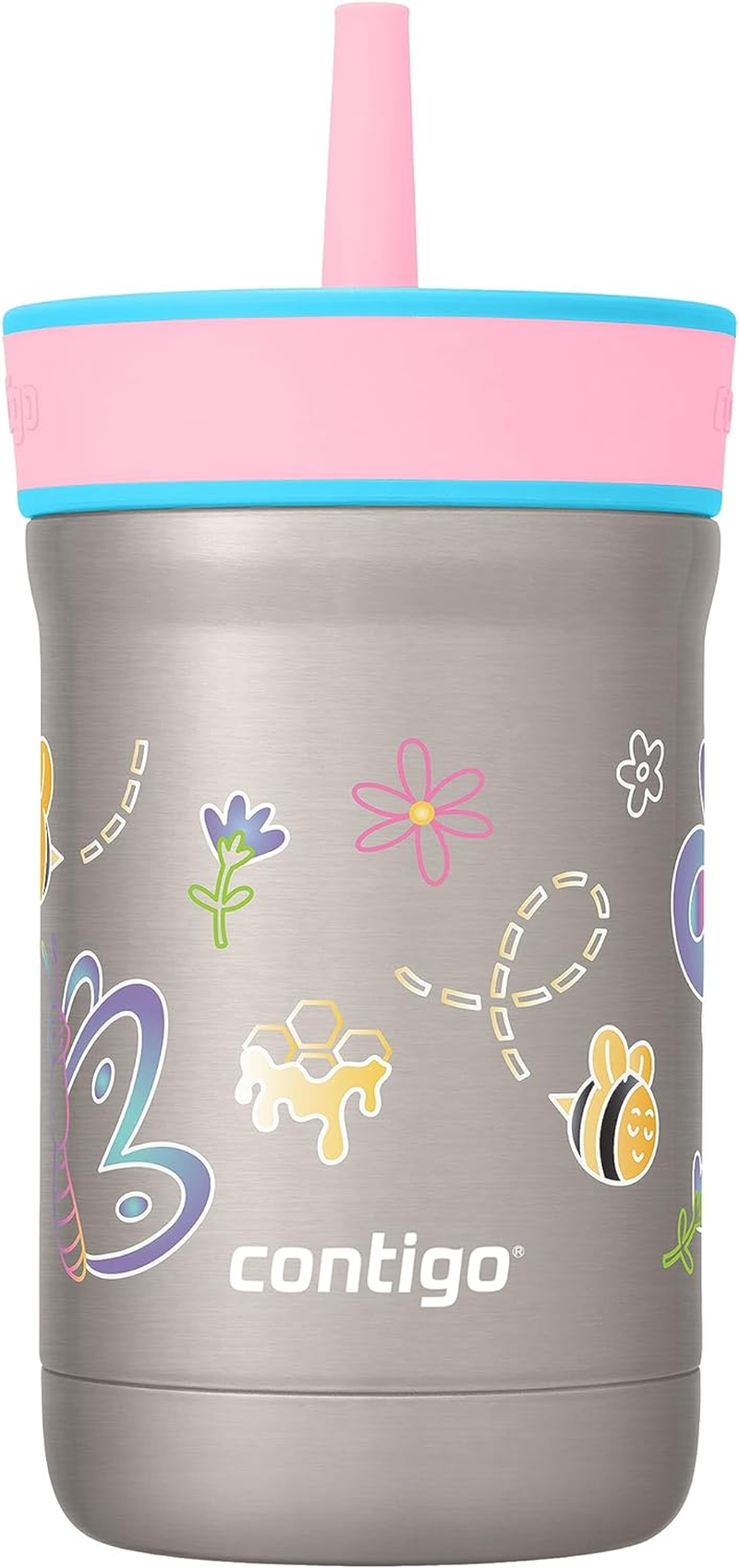 Contigo Leighton Vaccum-Insulated Kids Water Bottle with Spill-Proof Lid and Straw, 12Oz Stainless Steel Water Bottle with Straw for Kids, Keeps Drinks Cold up to 13 Hours, Raspberry/Azalea