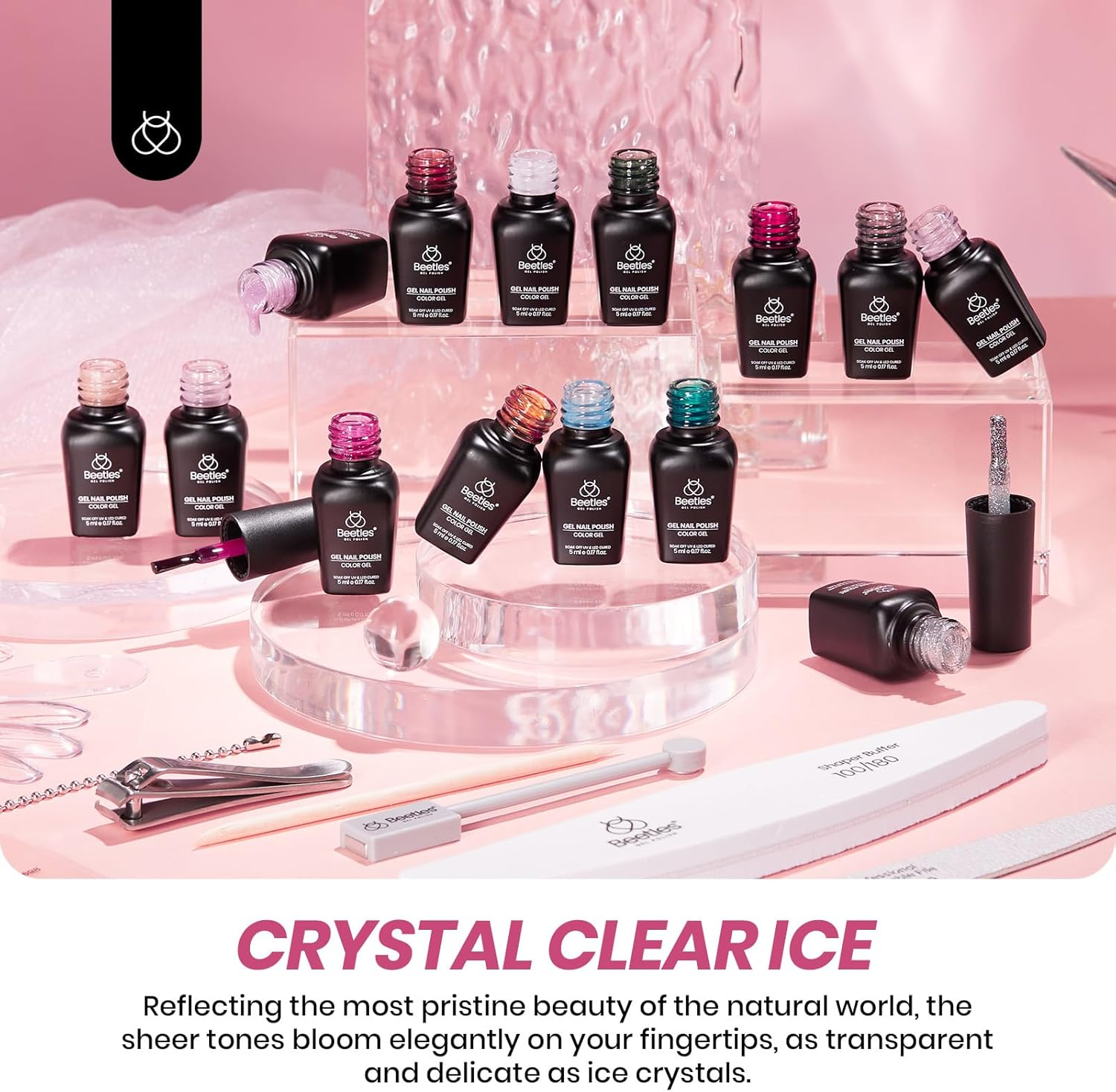 Beetles Jelly Gel Nail Polish Set 53Pc 36 Colours Jelly Pink Milky White Red Black Blue Green Silver Cat Eye Glitter Base & Top Coats &ndash; Crystal Ice Collection for French Nails Manicure Gift image number 5