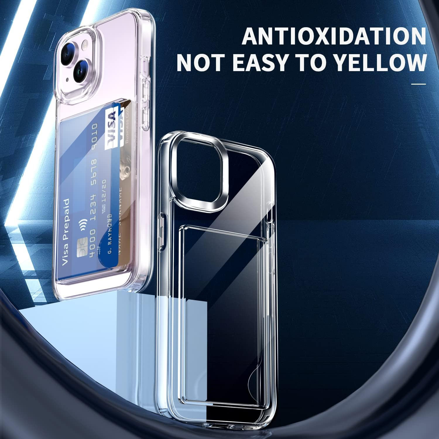 ELEPIK for Iphone 15 plus Case with Card Holder, [Up to 2 Cards] [Anti-Yellow] [Military Grade Protection] Shockproof Slim Phone Protection Clear Case for Iphone 15 Plus, Clear image number 2