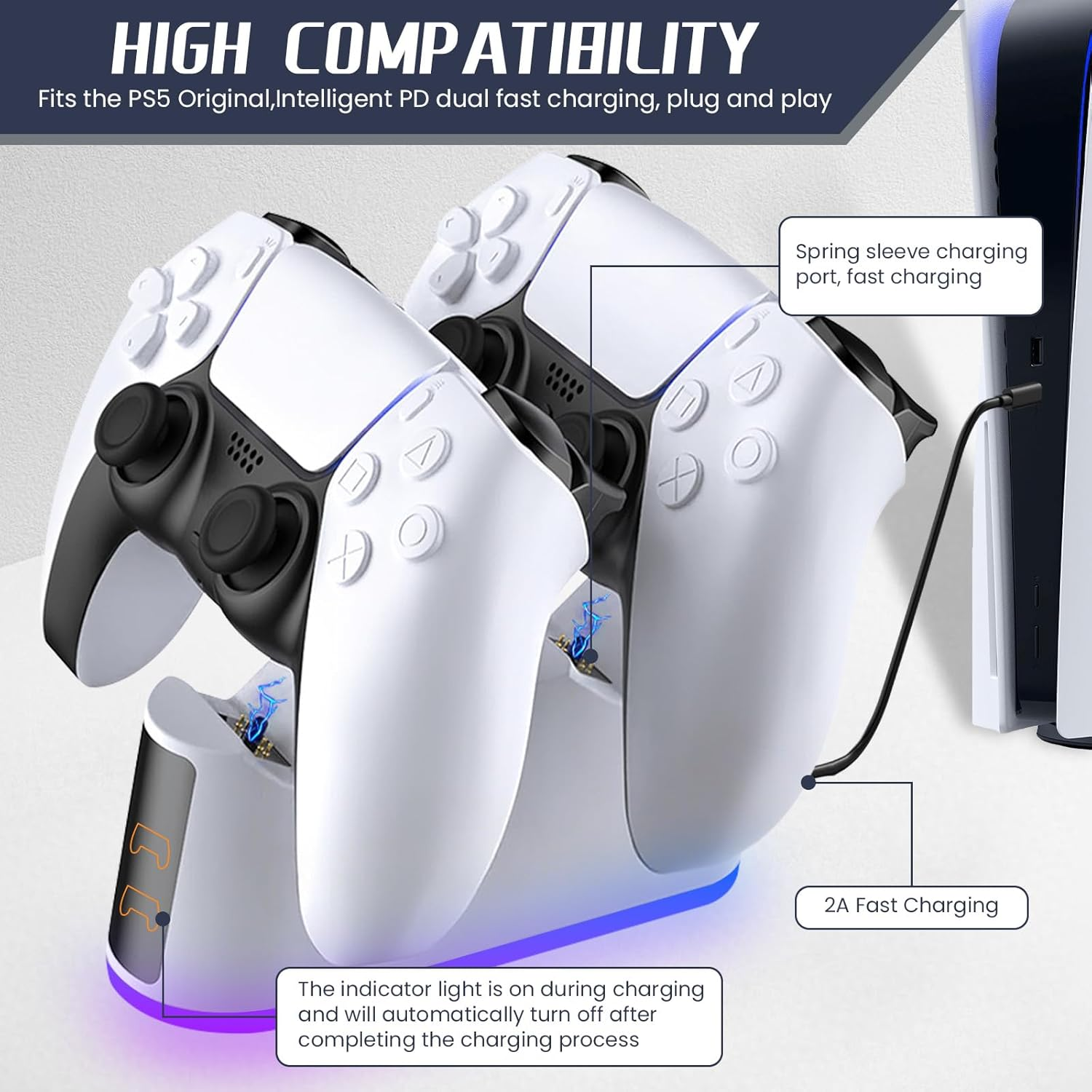 Pearyaest Controller Charger for Ps5,Fast Charging Station Dock with LED Indicator,Dualsense Charging Station for PS5 Controller,Fast Docking Charger with USB Type-C Charging(White) image number 1