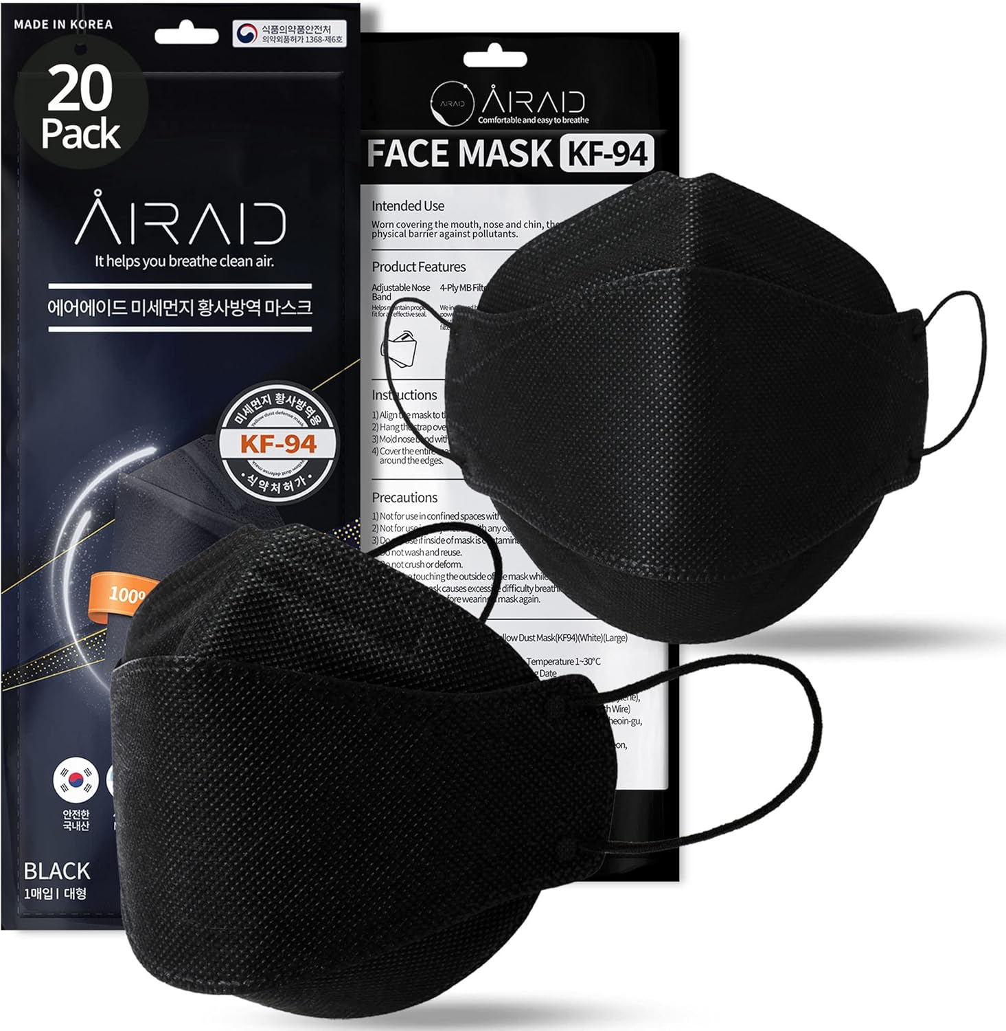 AIRAID-KF94 [Individually Wrapped] - Made in Korea, 4-Layer Filter, 3D Face Protective Mask, Adult and Older Teens