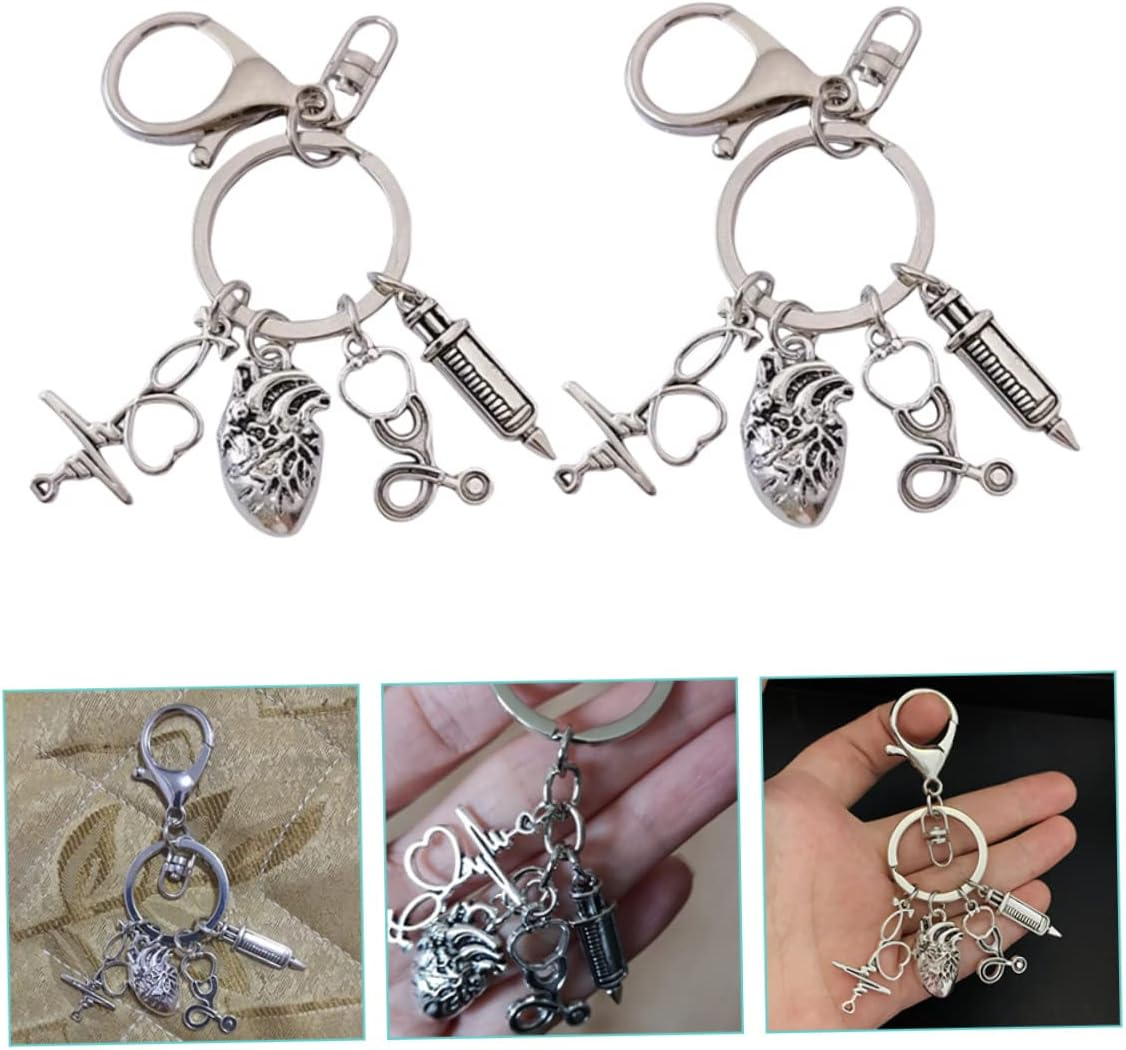 ABOOFAN 2Pcs Heart Shaped Metal Keychain Bag Charm Backpack Hanging Decor Doctor Key Ring Pendant Key Accessories for Nurses image number 5