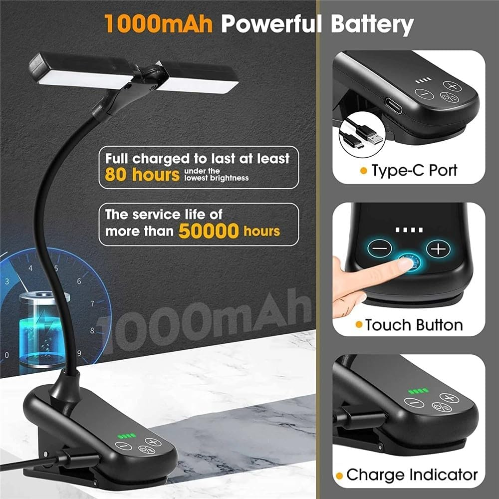 Quntis Reading Light - 14 LED Clip-On Book Light with Stepless Dimming & 3 Colors, 360&deg; Flexible USB Gooseneck for Bed/Desk/Study, Rechargeable Eye-Caring Lamp for Home Office/Night Reading, Black
