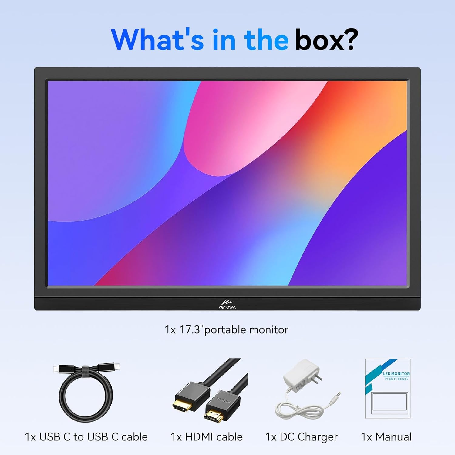 USB-C Portable Monitor - 17.3 Inch Kenowa HD 1600 * 900 Laptop Monitor with Type-C HDMI Computer Display for Win 7/8/10/11 PC Mac PS4 Xbox,Built in Speakers image number 3