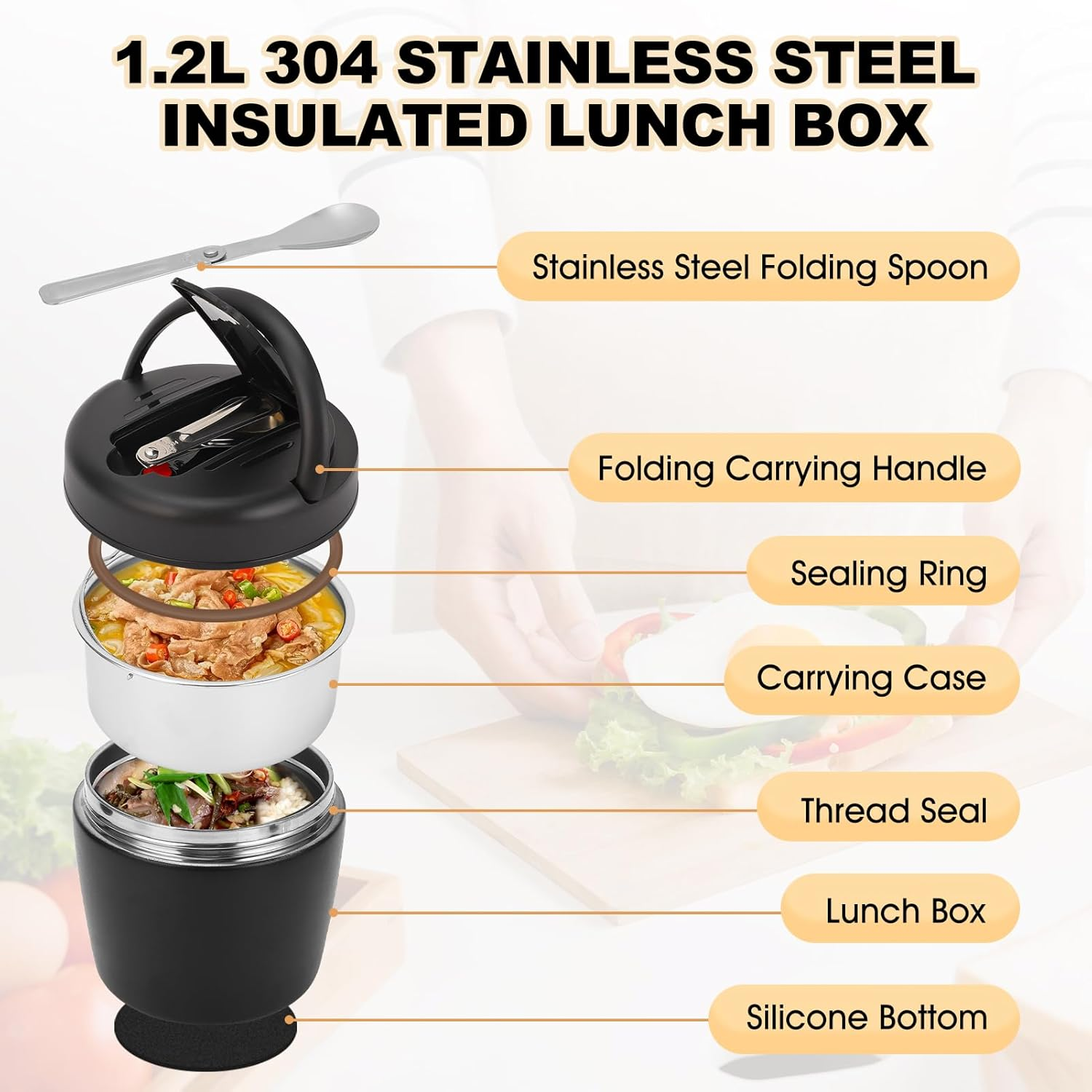 Insulated Food Jar 304 Stainless Steel 1.2L Portable Thermal Lunch Box Insulated Food Container with Spoon for School Travel Black image number 2
