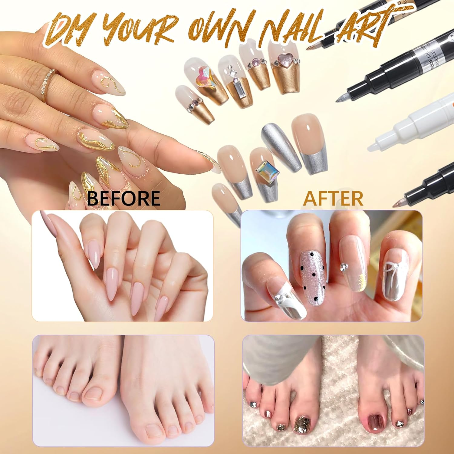 MKNZOME 6 Color Nail Art Pens, Nail Polish Pens Set Nail Chrome Eraser Pen Drawing Painting Point Liner Pens with Eraser Pen, Waterproof and Quick-Drying - 004-0.5Mm image number 3