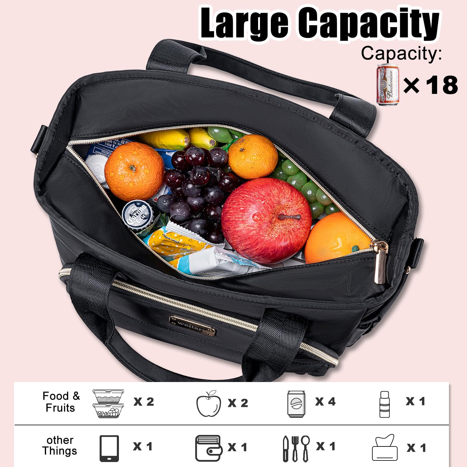 Weitars Insulated Lunch Bag for Women,Leak Proof Lunch Box for Work,Extra Large Lunch Tote Bag with Removable Shoulder Strap with Side Pockets,Reusable Lunch Bag for Picnic Hiking (Black-02) - Gray image number 6