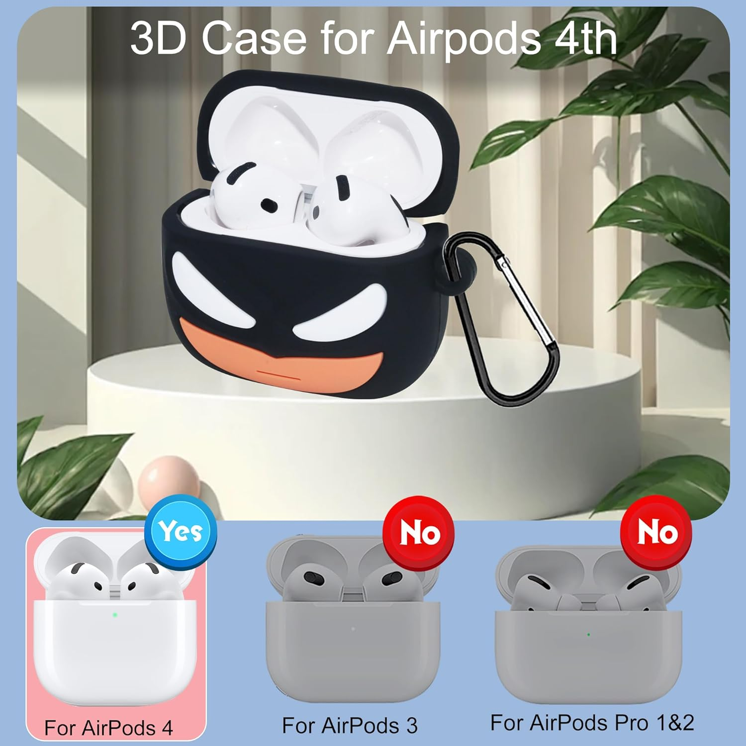Cute Case for Airpods 4Th Generation Cover, with Magnetic Anti-Lost Cord, Keychain and Cleaner Pen Kit, 3D Cartoon Animal Soft Silicone Funny Cover for Airpods 4 Case Accessories Set for Men - Black image number 2