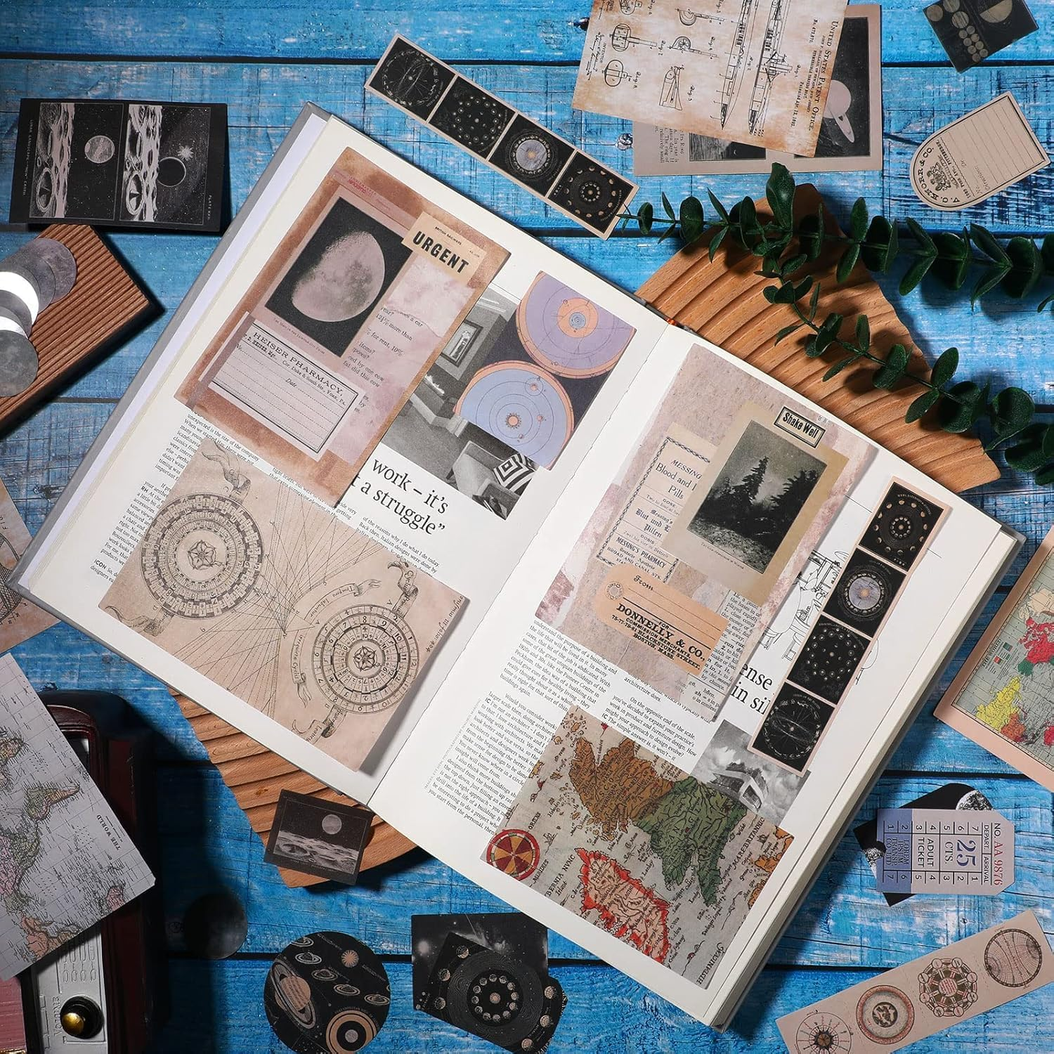 OSYLICT Vintage Scrapbook Supplies Pack,Space Moon Stickers Paper for Art Journaling Bullet Junk Journal Planners DIY Craft Notebook Collage Album Aesthetic Picture Frames - Style One image number 6