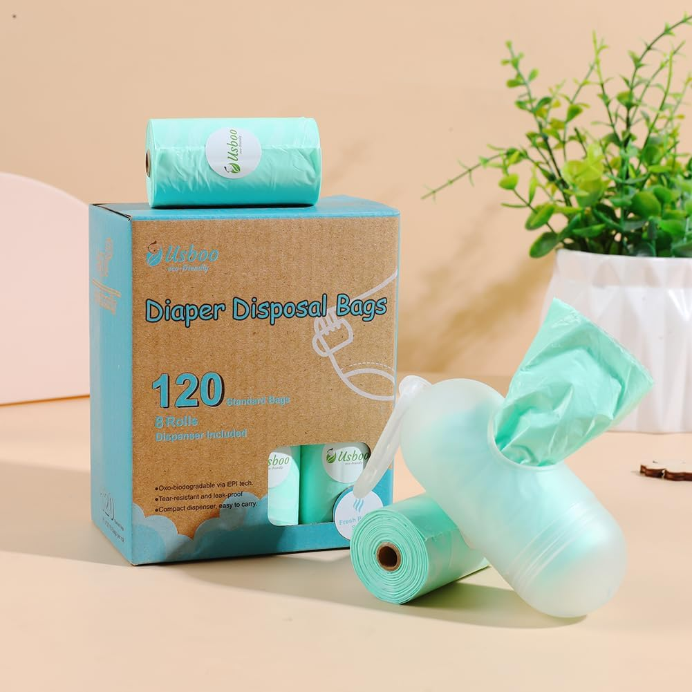 Diaper Bags Disposable for Baby - Fresh Powder Scent, 8 Refill Rolls (120 Pack) Diaper Trash Bags with Dispenser, Diaper Bag Accessory image number 1