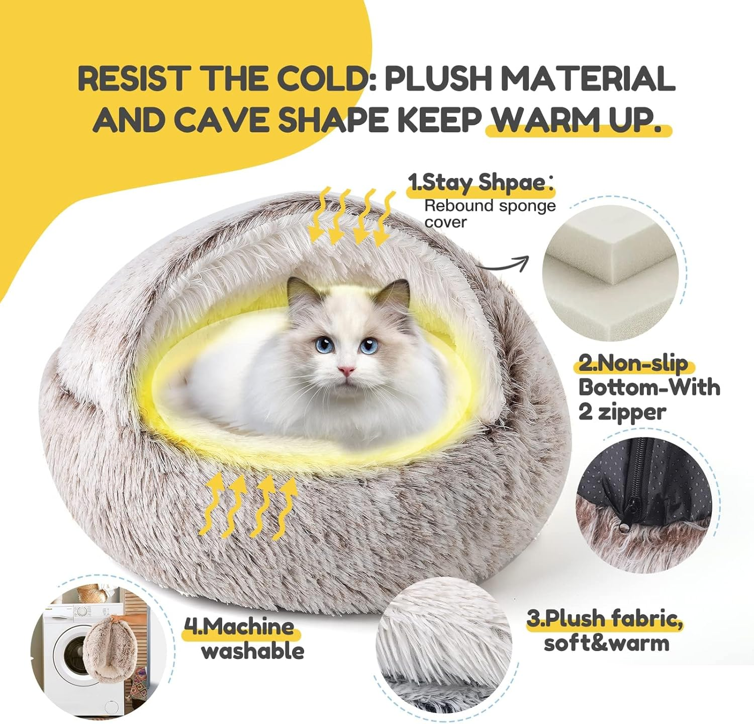 Cat Bed for Indoor Cats, Calming Cozy Cave with Self-Warming Plush, Entire Bed Machine Washable & Anti-Slip Base, Breathable Pet Bed for Small Cats&Dogs All Seasons (Coffee, 50Cm) image number 1