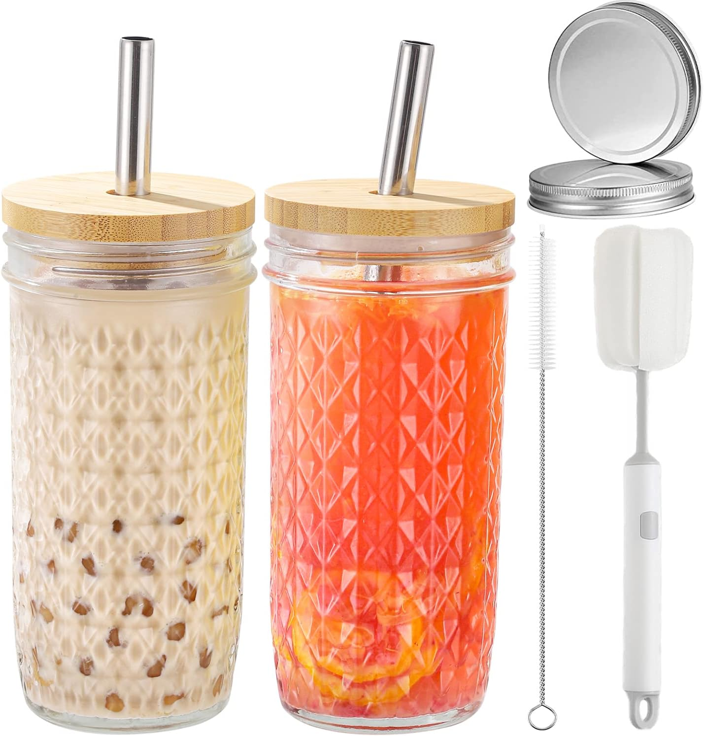 Boba Cup, Reusable Bubble Tea Cup, Glass Cups Set, 2 PCS Mason Jar Cups with Bamboo Lids and Straws & 2 Airtight Lids, 24 Oz Diamond Texture Wide Mouth Iced Coffee Glass Tumblers, Smoothie Cups image number 3