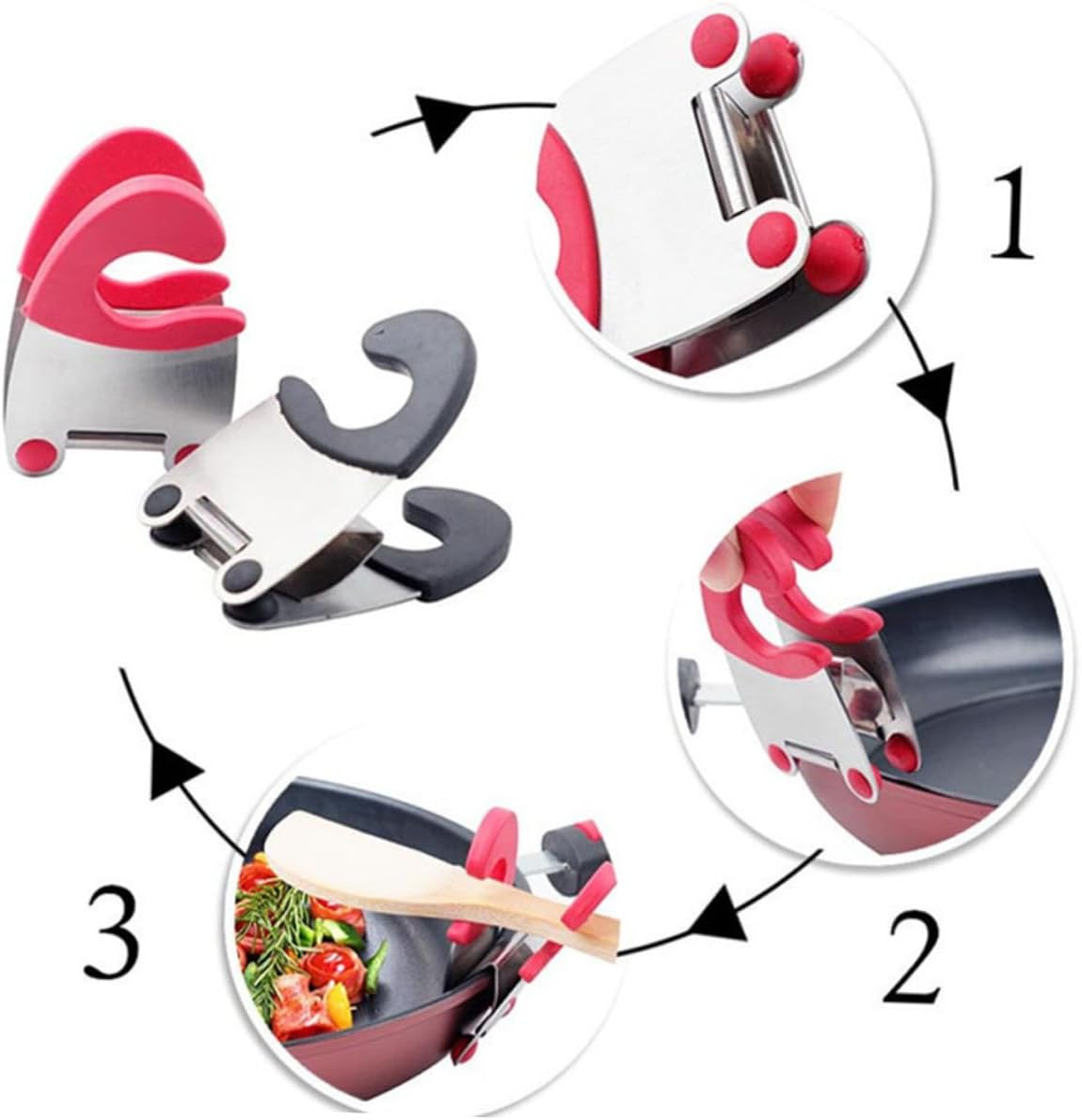 HOLIDYOYO 2Pcs Stainless Steel Pot Clip Spoon Rest Holder with Anti-Scald Rubber Grip Kitchen Utensil Stand for Cooking Pots and Spatulas Red Black image number 6