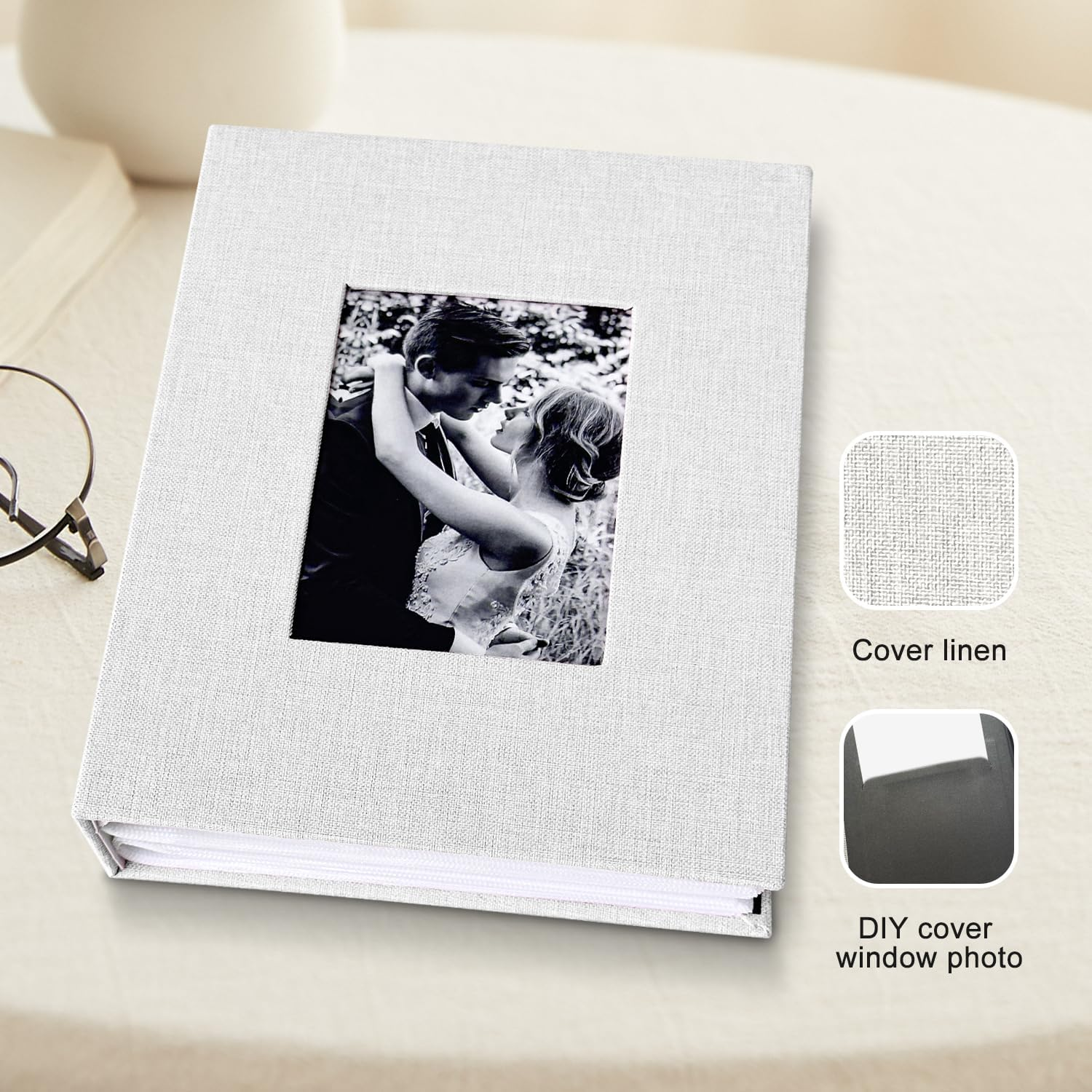 200-Pocket Photo Album 4X6 - Slip-In Picture Album with Linen Cover & Display Window, Vertical Photo Book for Wedding, Family, Baby, Anniversary & Vacation Memories (Holds 200 Photos)